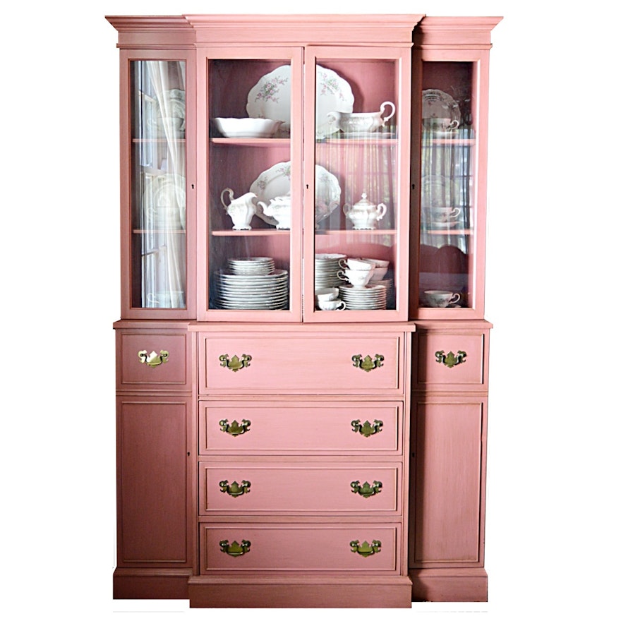 Vintage Pink-Painted Mahogany China Cabinet