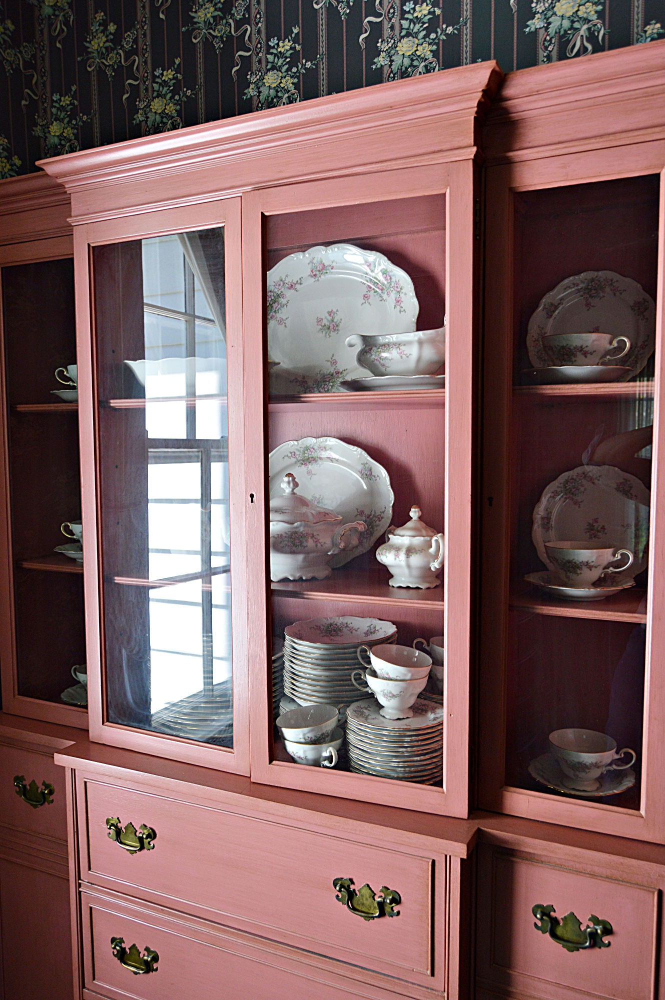 Vintage Pink-Painted Mahogany China Cabinet
