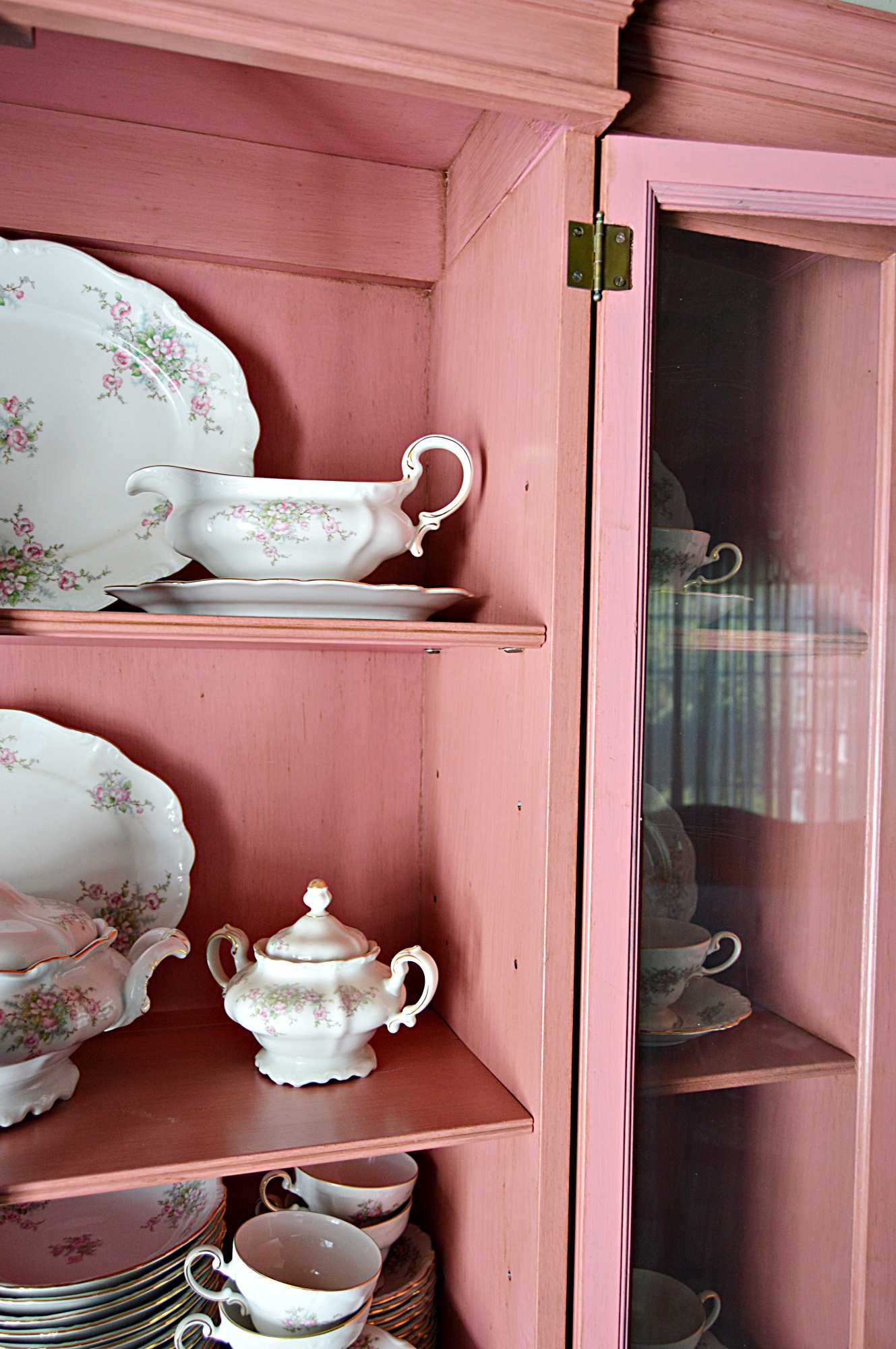 Vintage Pink-Painted Mahogany China Cabinet
