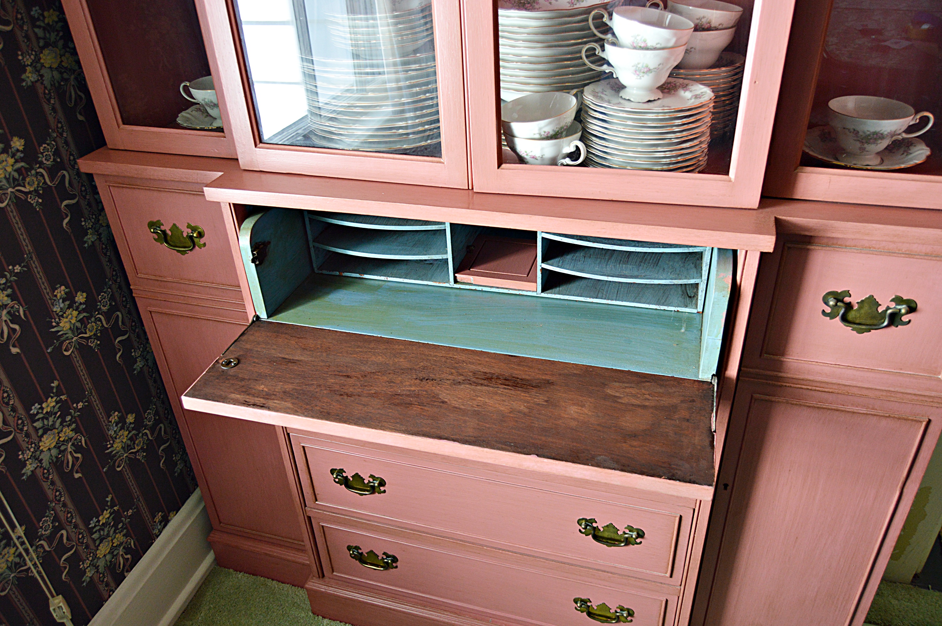 Vintage Pink-Painted Mahogany China Cabinet