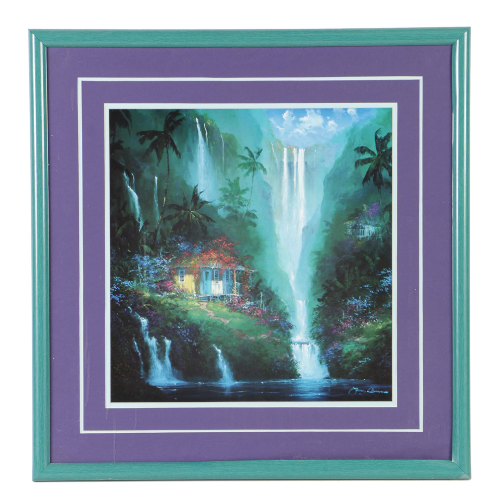 After James Coleman Offset Lithograph of a Tropical Cottage Near Waterfall