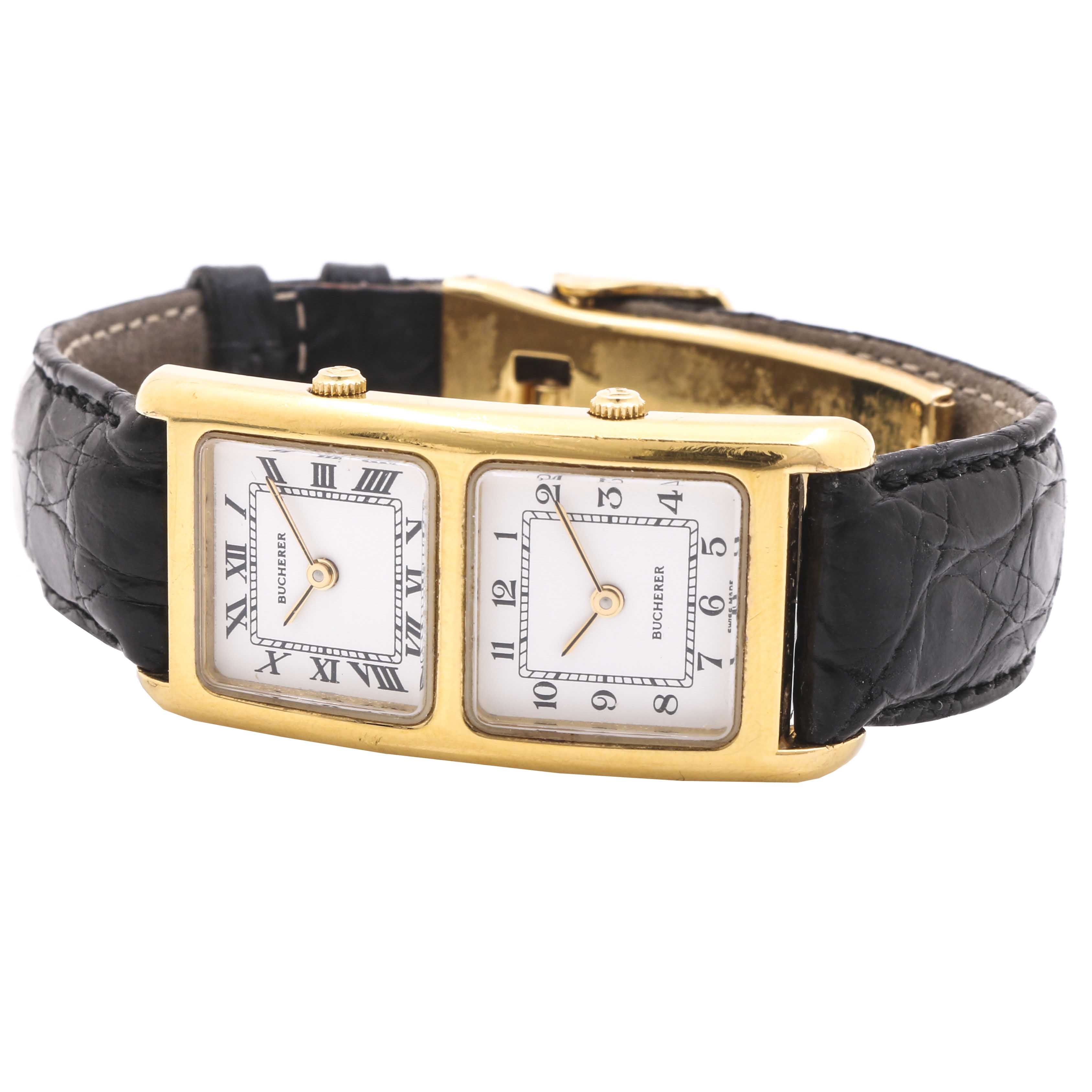 Bucherer Gold Tone Double Dial Black Leather Watch