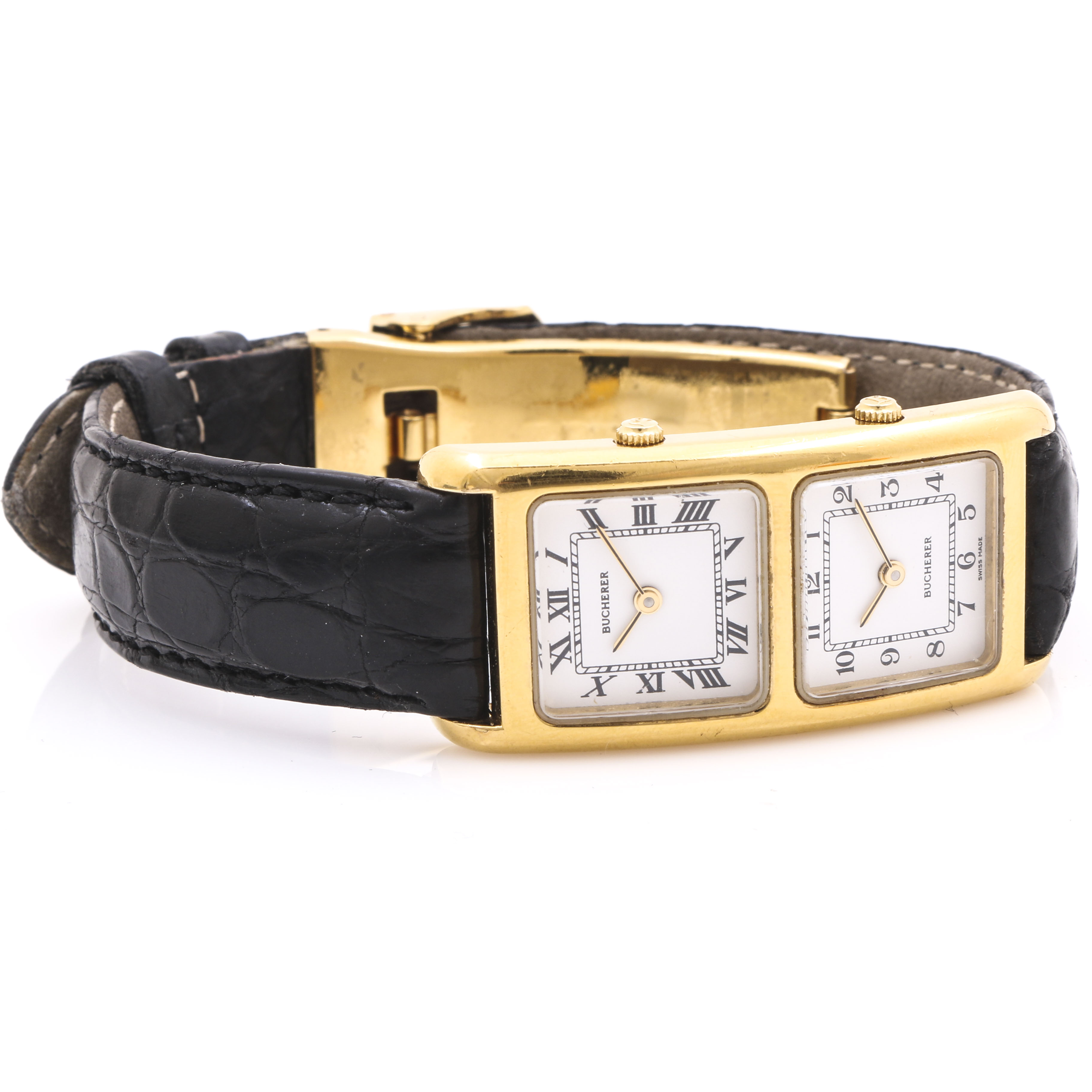 Bucherer Gold Tone Double Dial Black Leather Watch