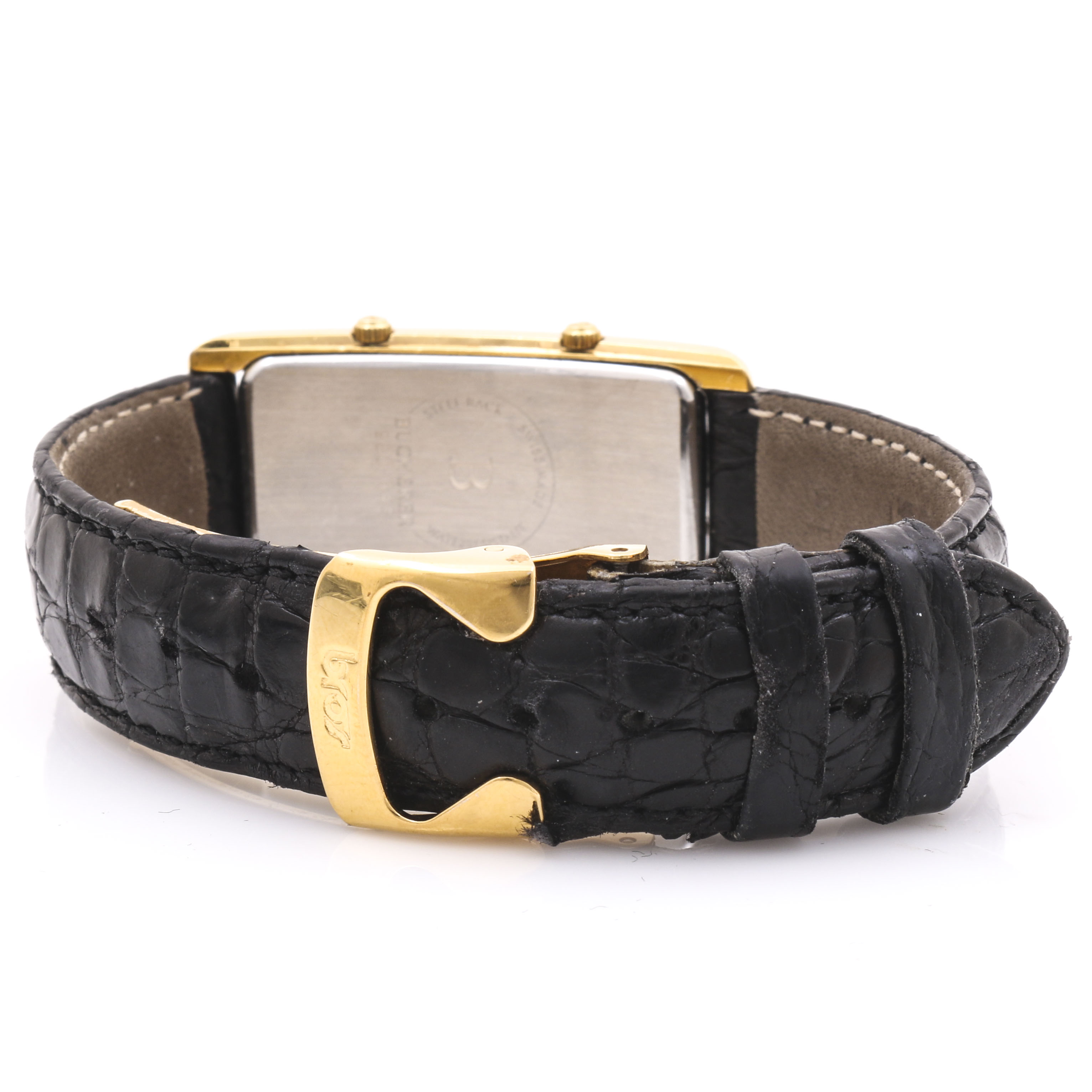 Bucherer Gold Tone Double Dial Black Leather Watch