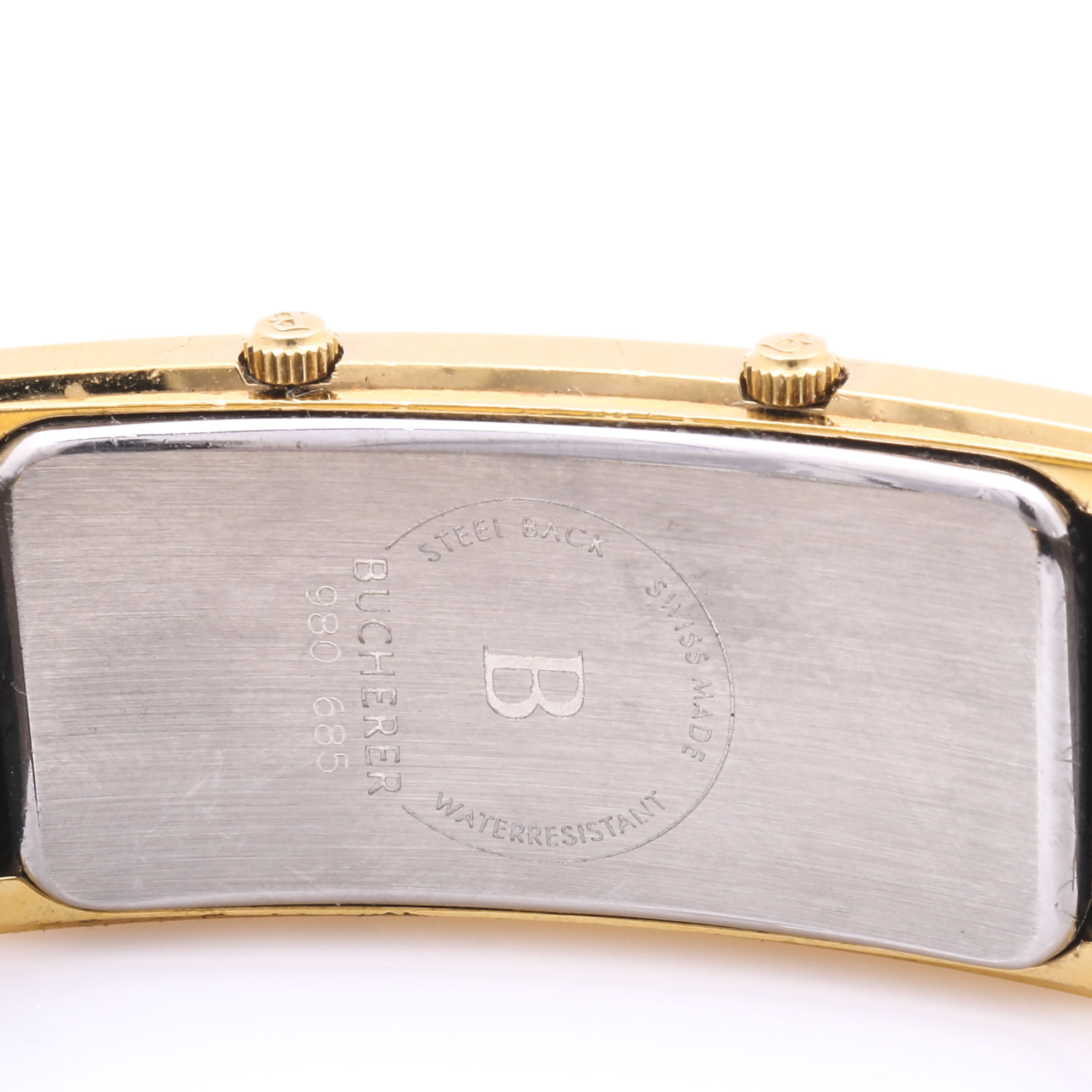 Bucherer Gold Tone Double Dial Black Leather Watch