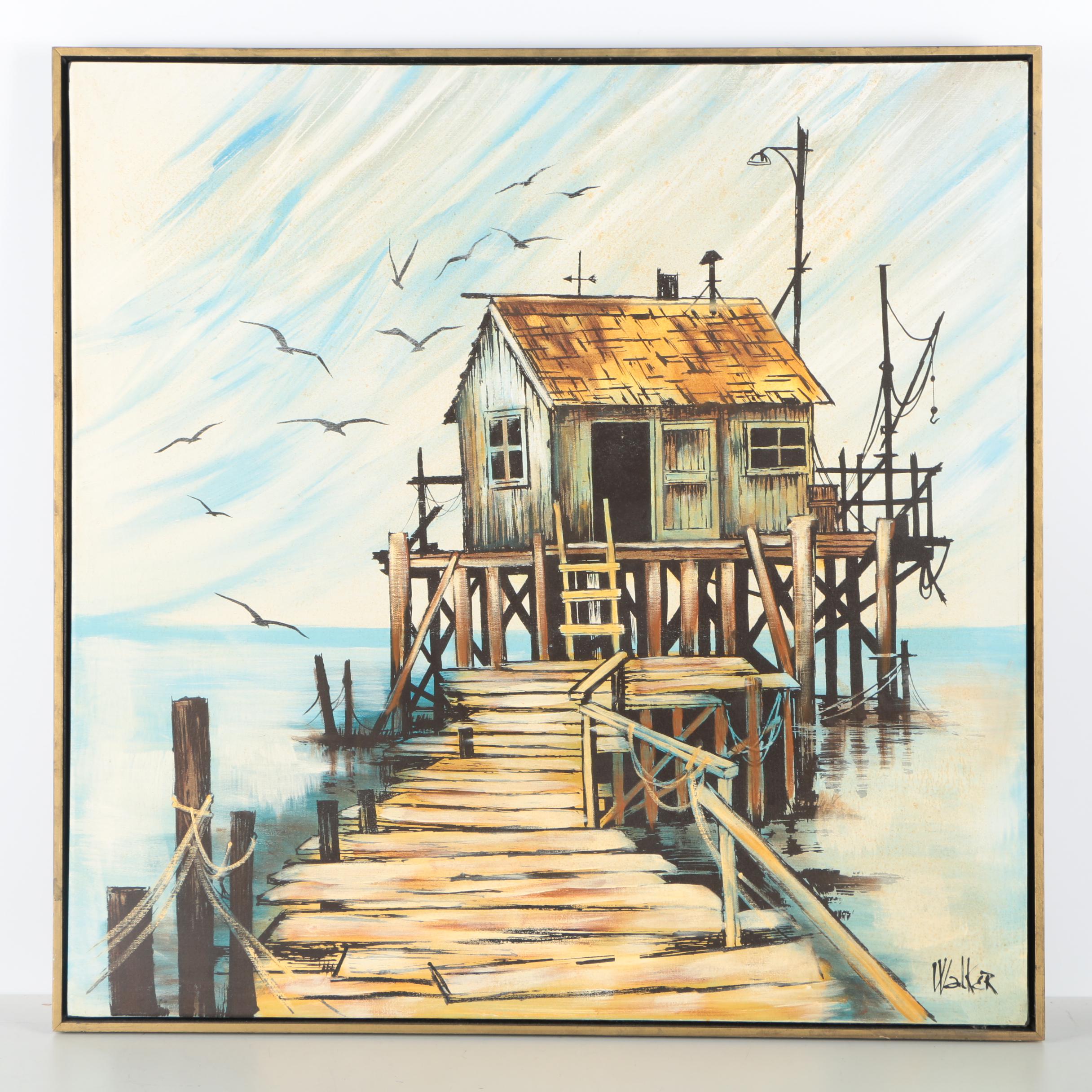 Signed Oil Painting On Canvas Of Fishing Shanty on a Pier