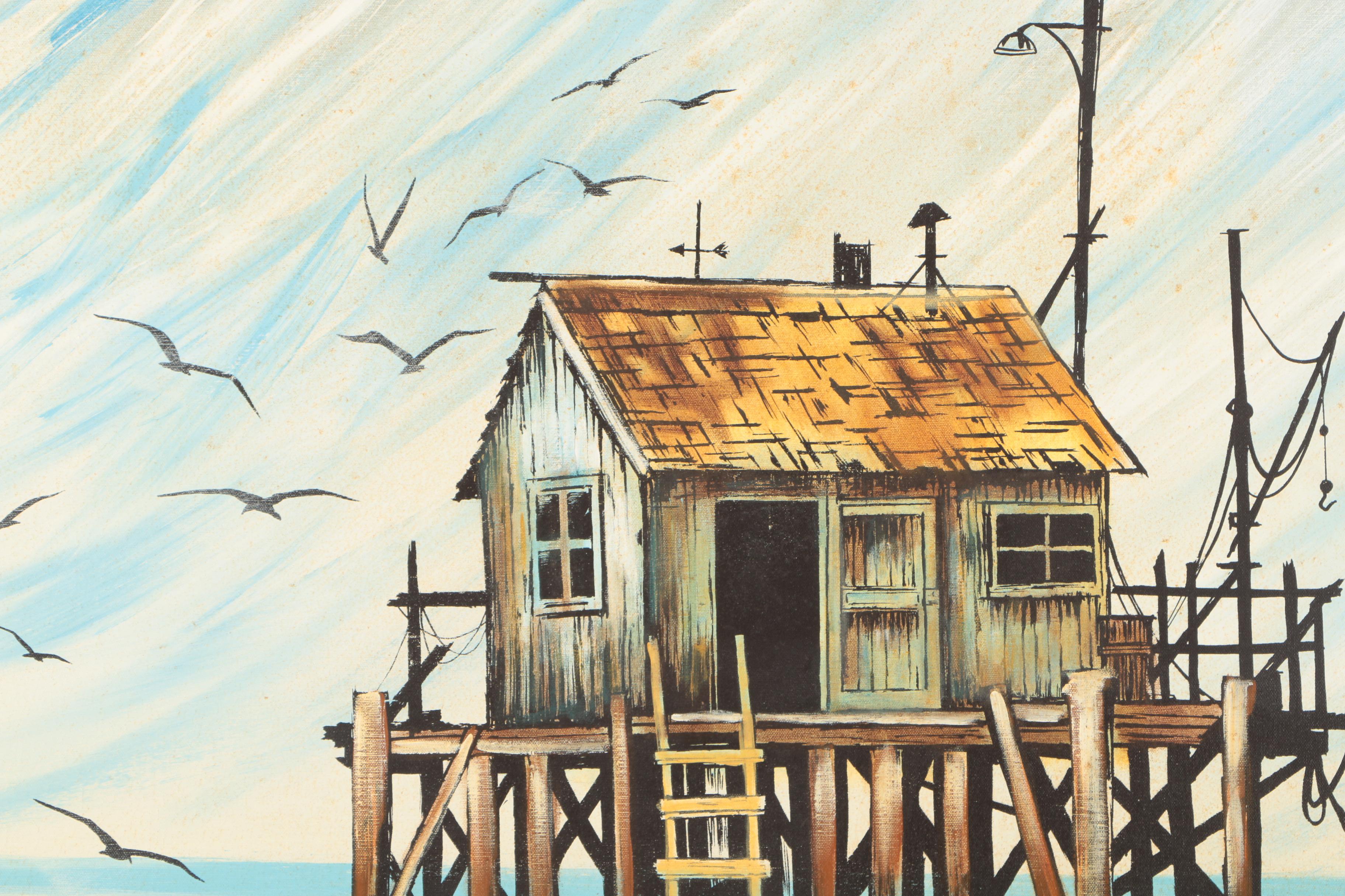 Signed Oil Painting On Canvas Of Fishing Shanty on a Pier