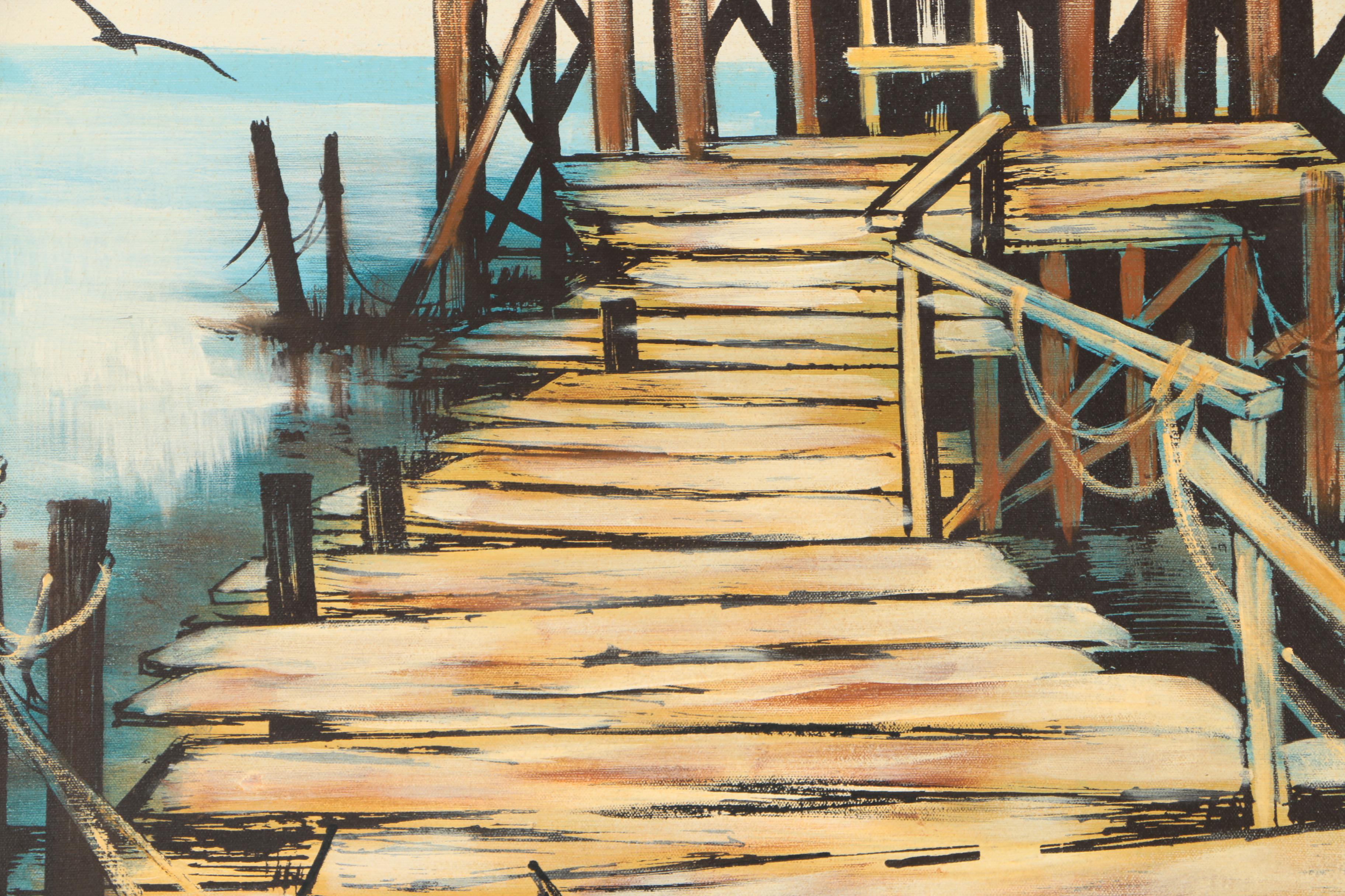 Signed Oil Painting On Canvas Of Fishing Shanty on a Pier