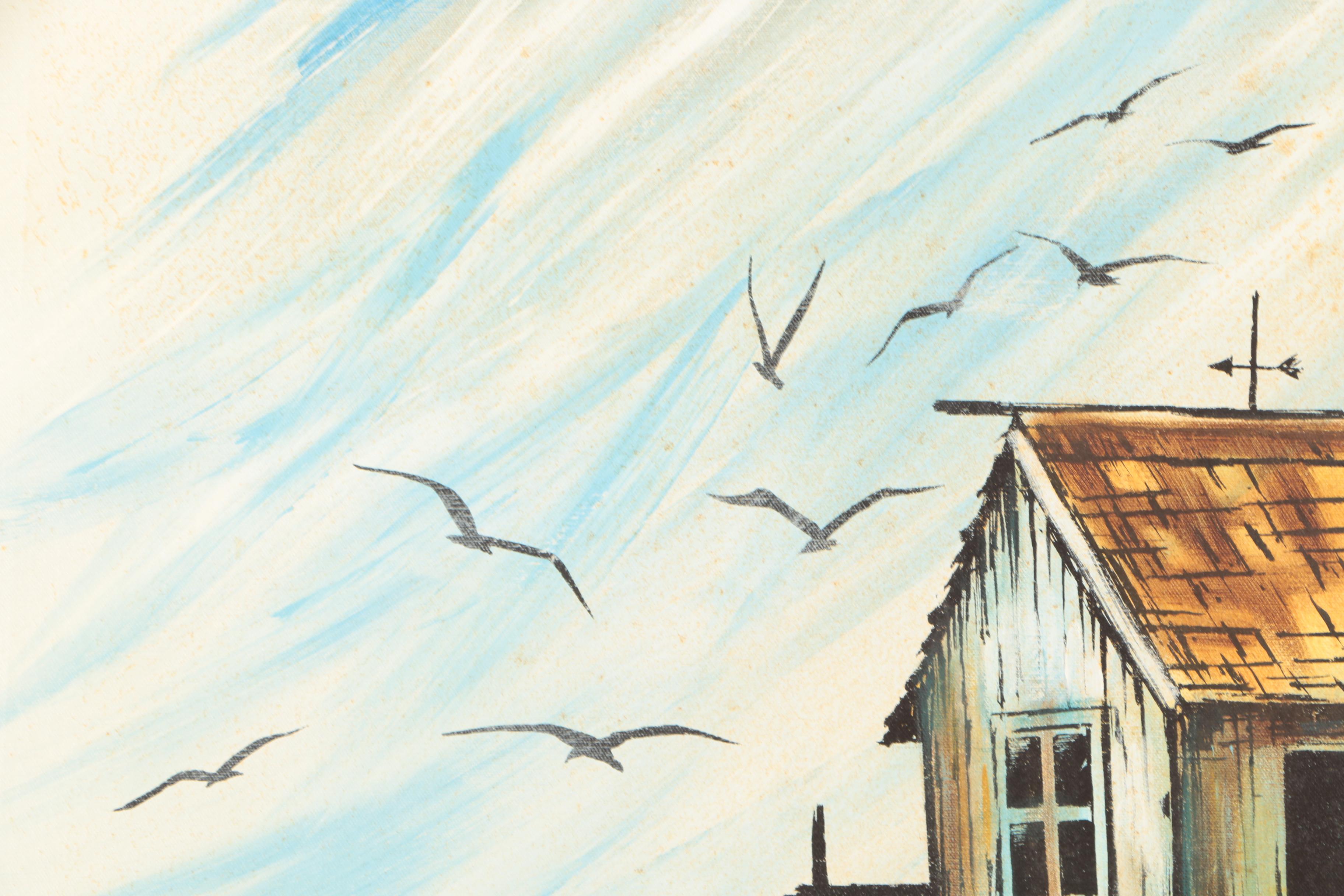 Signed Oil Painting On Canvas Of Fishing Shanty on a Pier