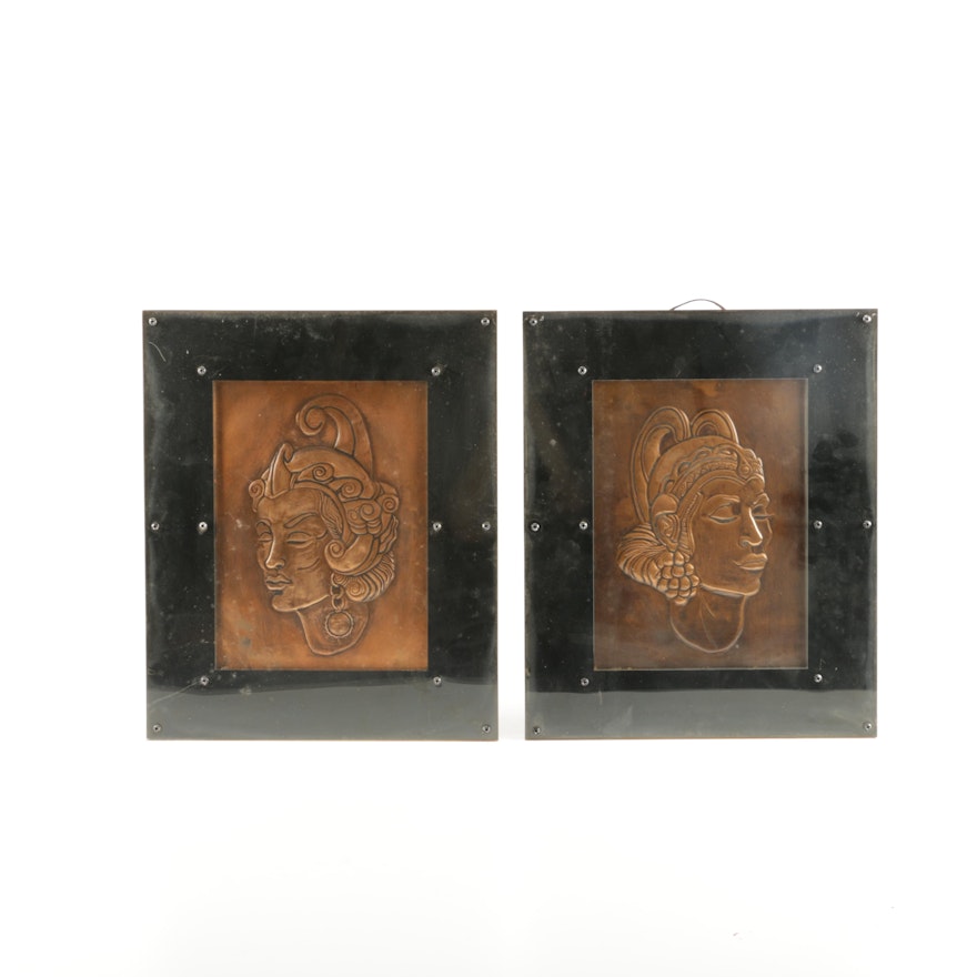 Southeast Asian Inspired Portraits of People Wearing Ceremonial Headdresses in Relief on Copper Plates