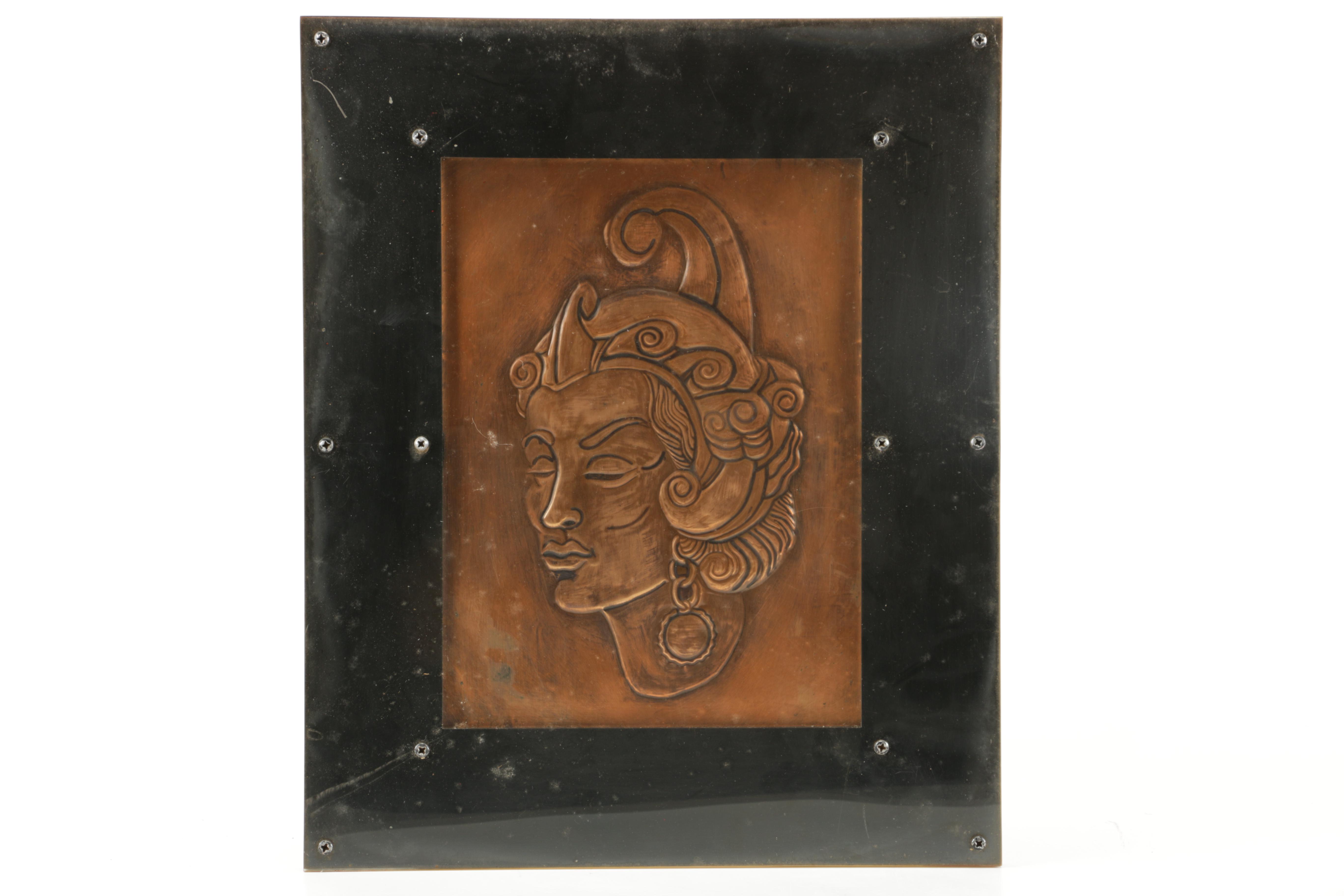 Southeast Asian Inspired Portraits of People Wearing Ceremonial Headdresses in Relief on Copper Plates