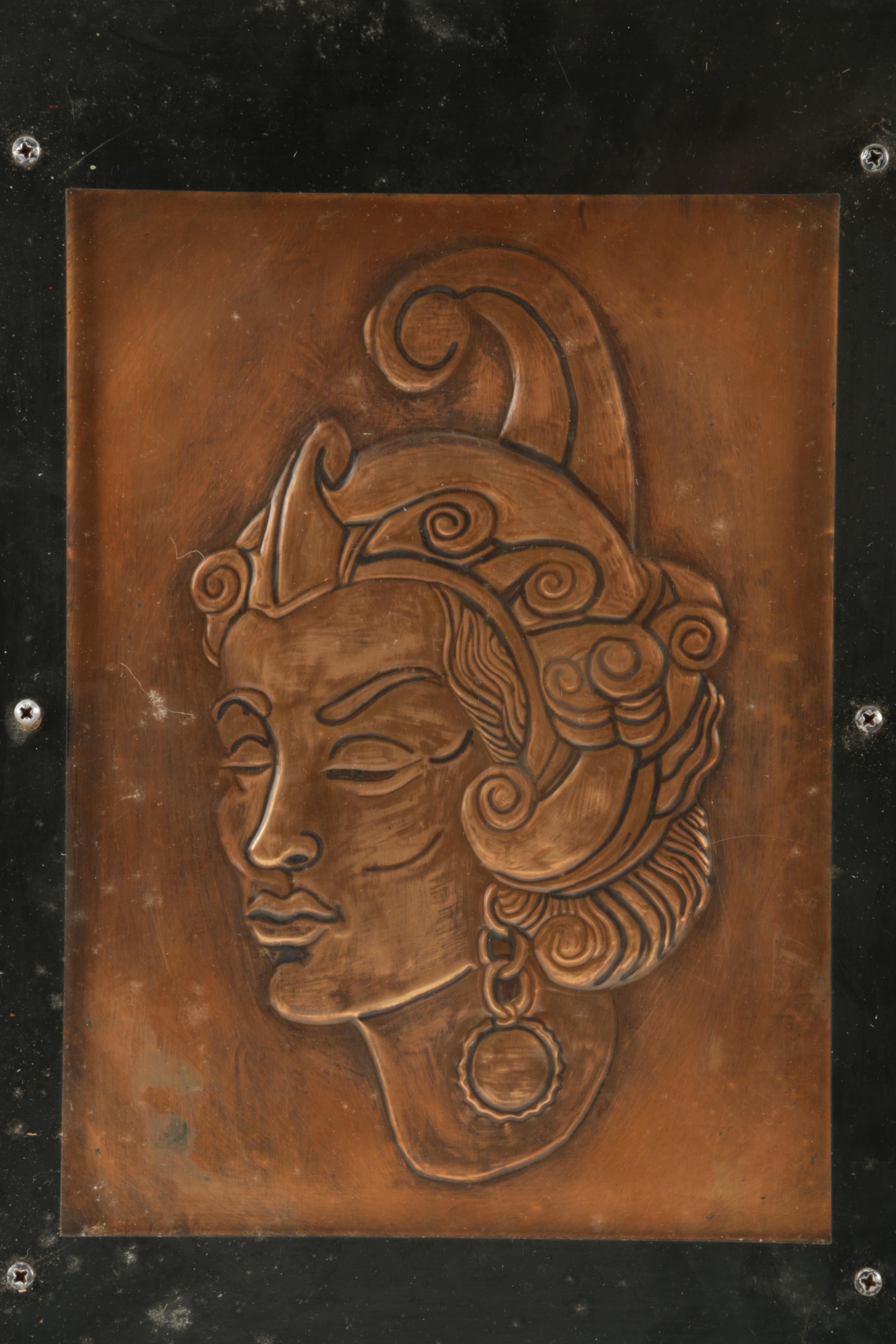 Southeast Asian Inspired Portraits of People Wearing Ceremonial Headdresses in Relief on Copper Plates
