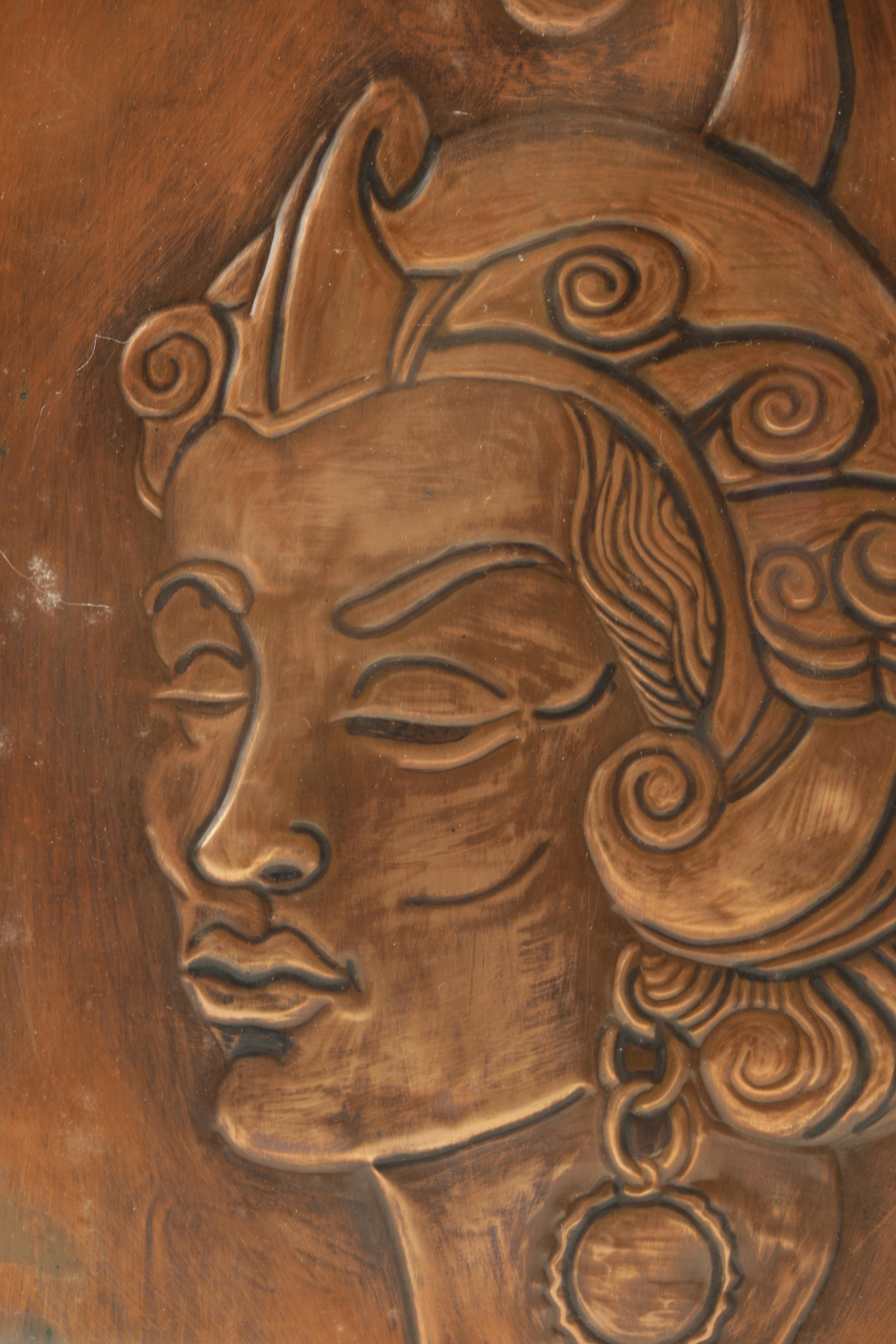 Southeast Asian Inspired Portraits of People Wearing Ceremonial Headdresses in Relief on Copper Plates