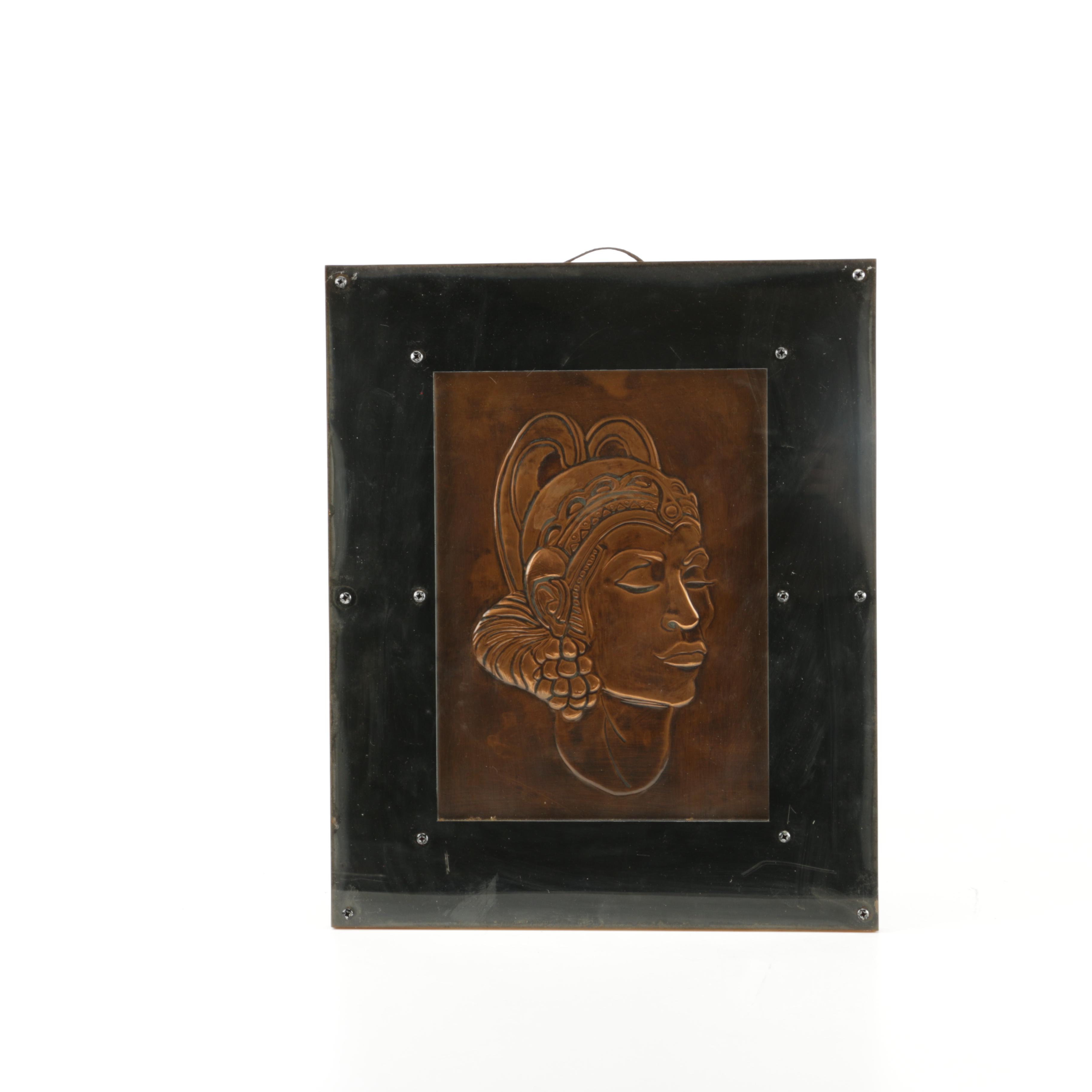 Southeast Asian Inspired Portraits of People Wearing Ceremonial Headdresses in Relief on Copper Plates