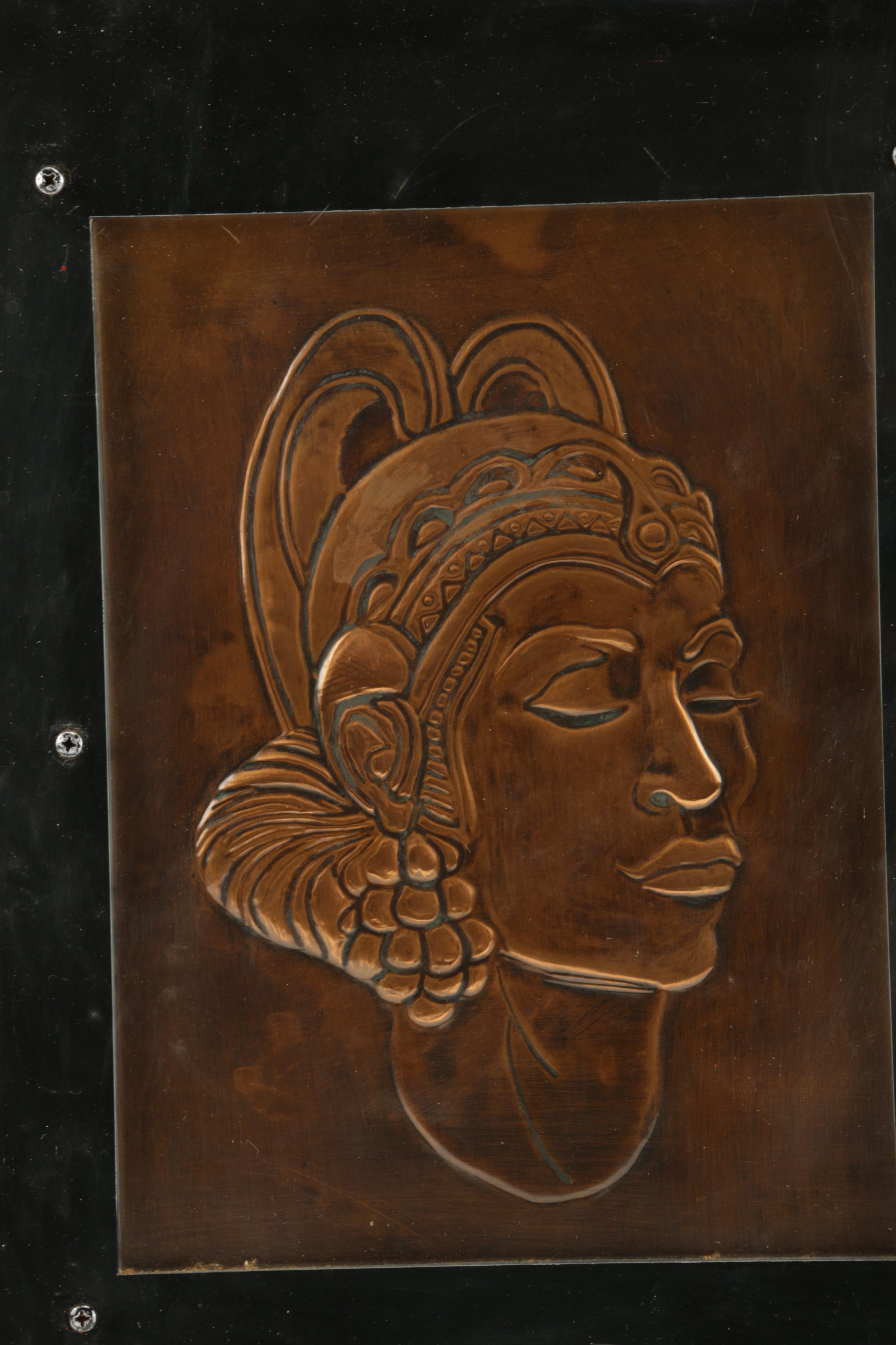 Southeast Asian Inspired Portraits of People Wearing Ceremonial Headdresses in Relief on Copper Plates