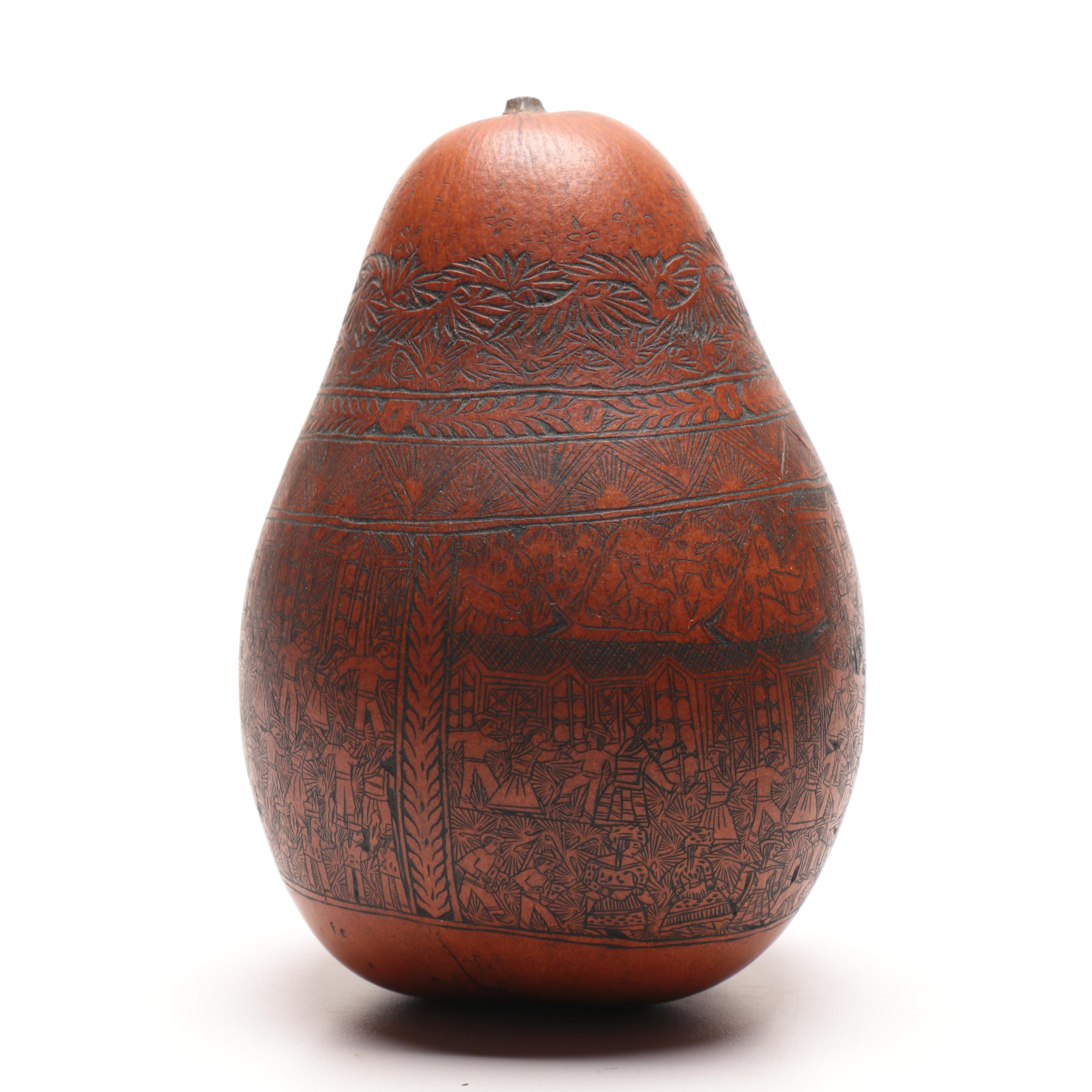 Peruvian Folk Art Hand Carved Gourd Signed "FE"