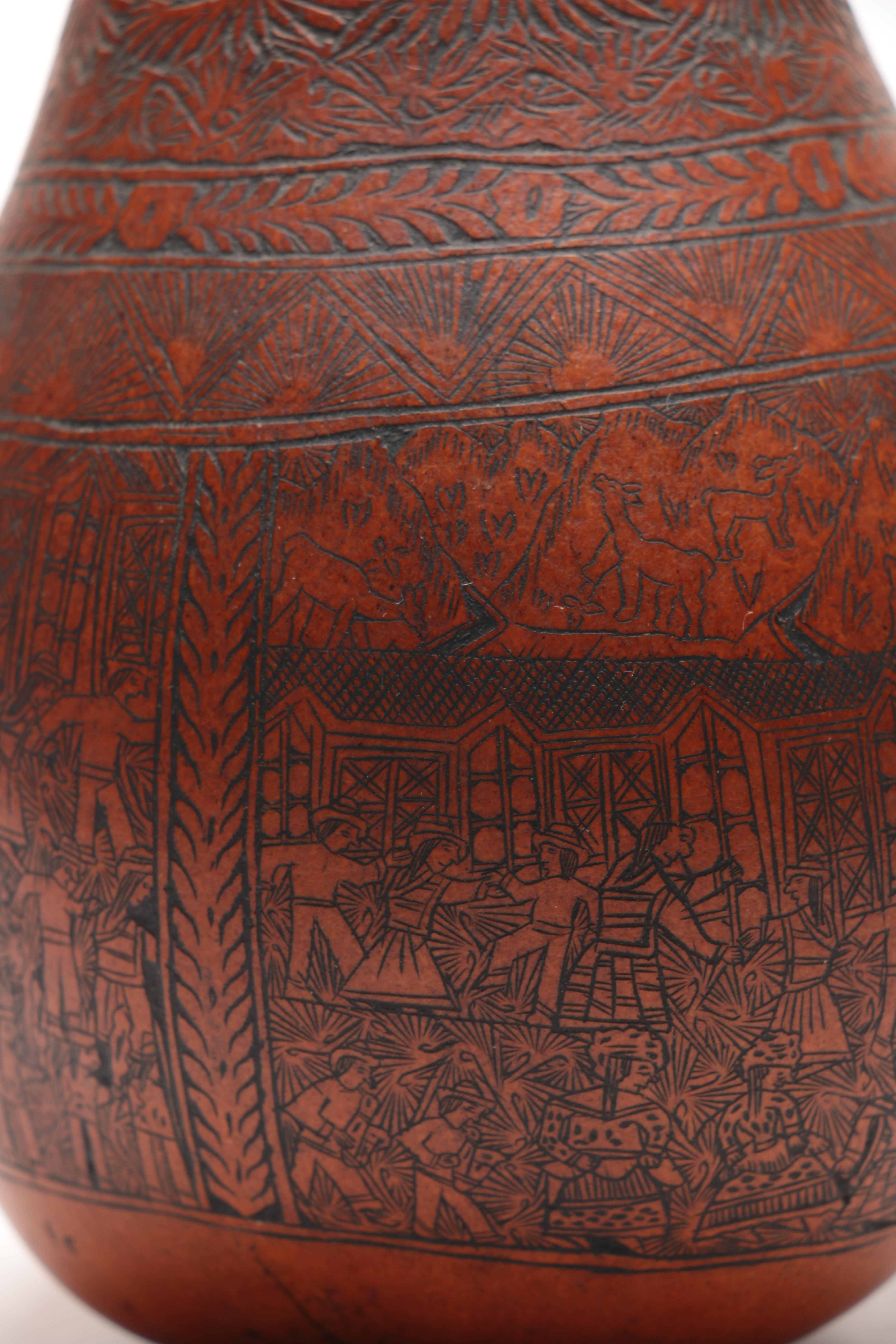 Peruvian Folk Art Hand Carved Gourd Signed "FE"