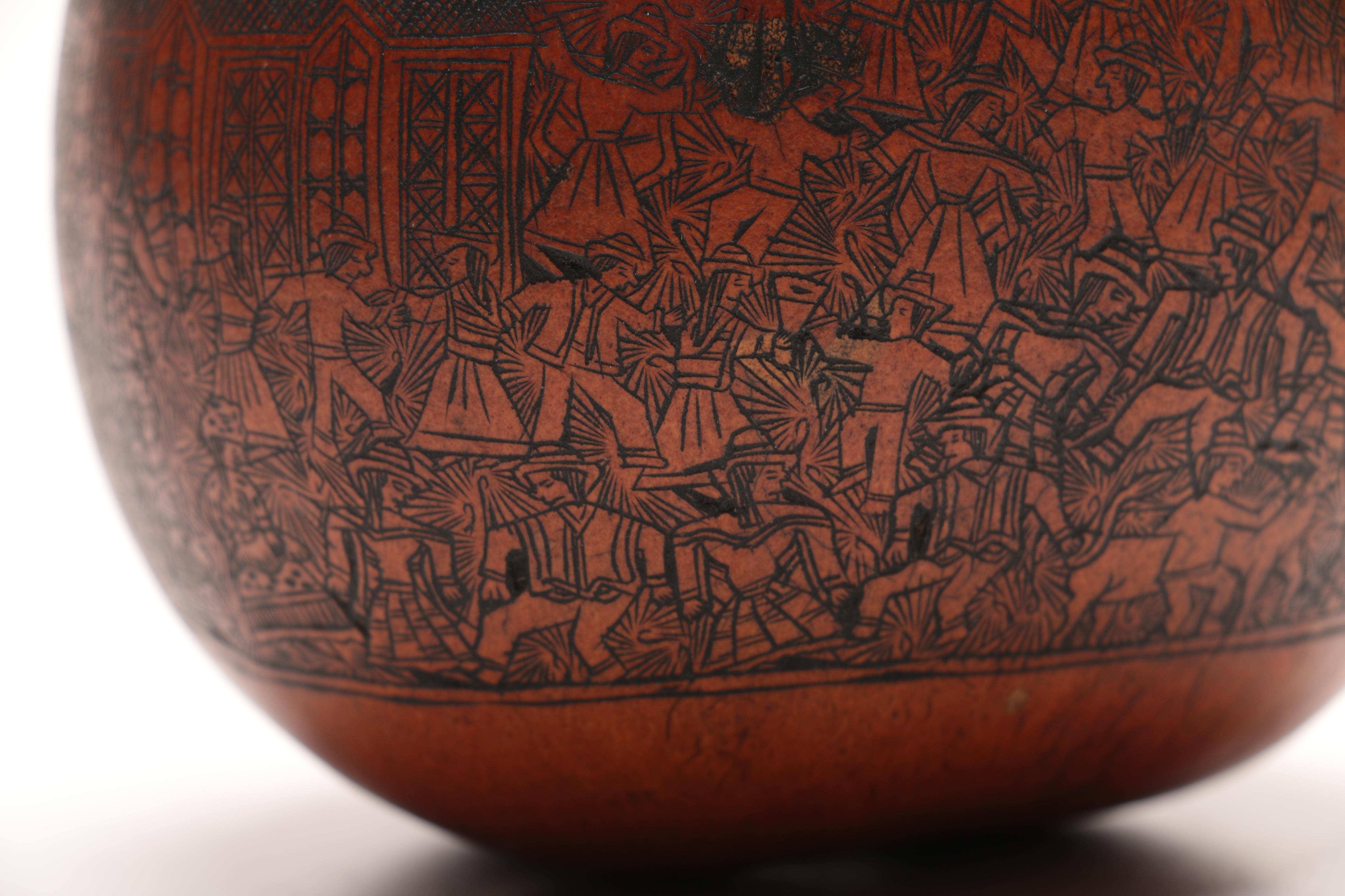 Peruvian Folk Art Hand Carved Gourd Signed "FE"