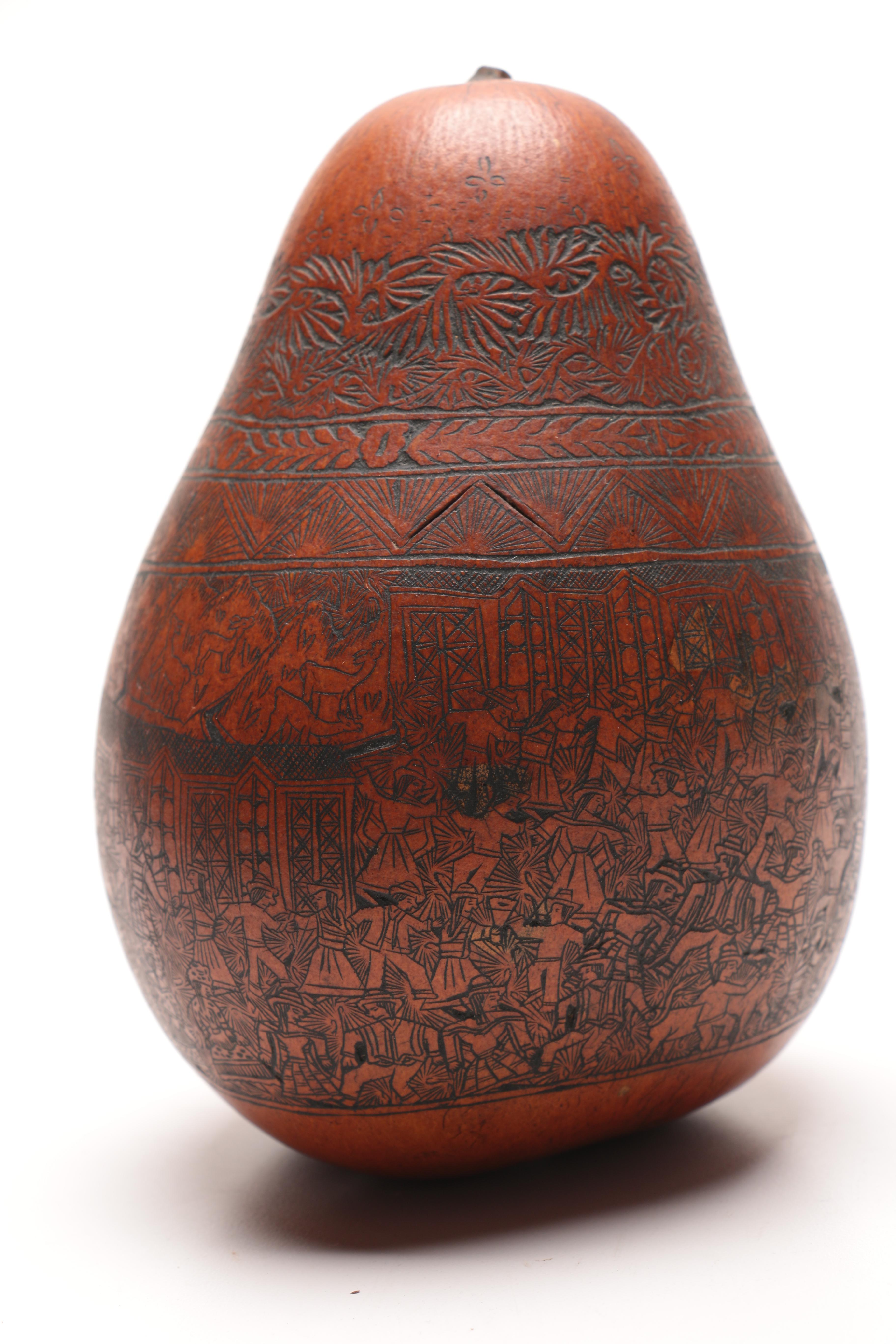 Peruvian Folk Art Hand Carved Gourd Signed "FE"