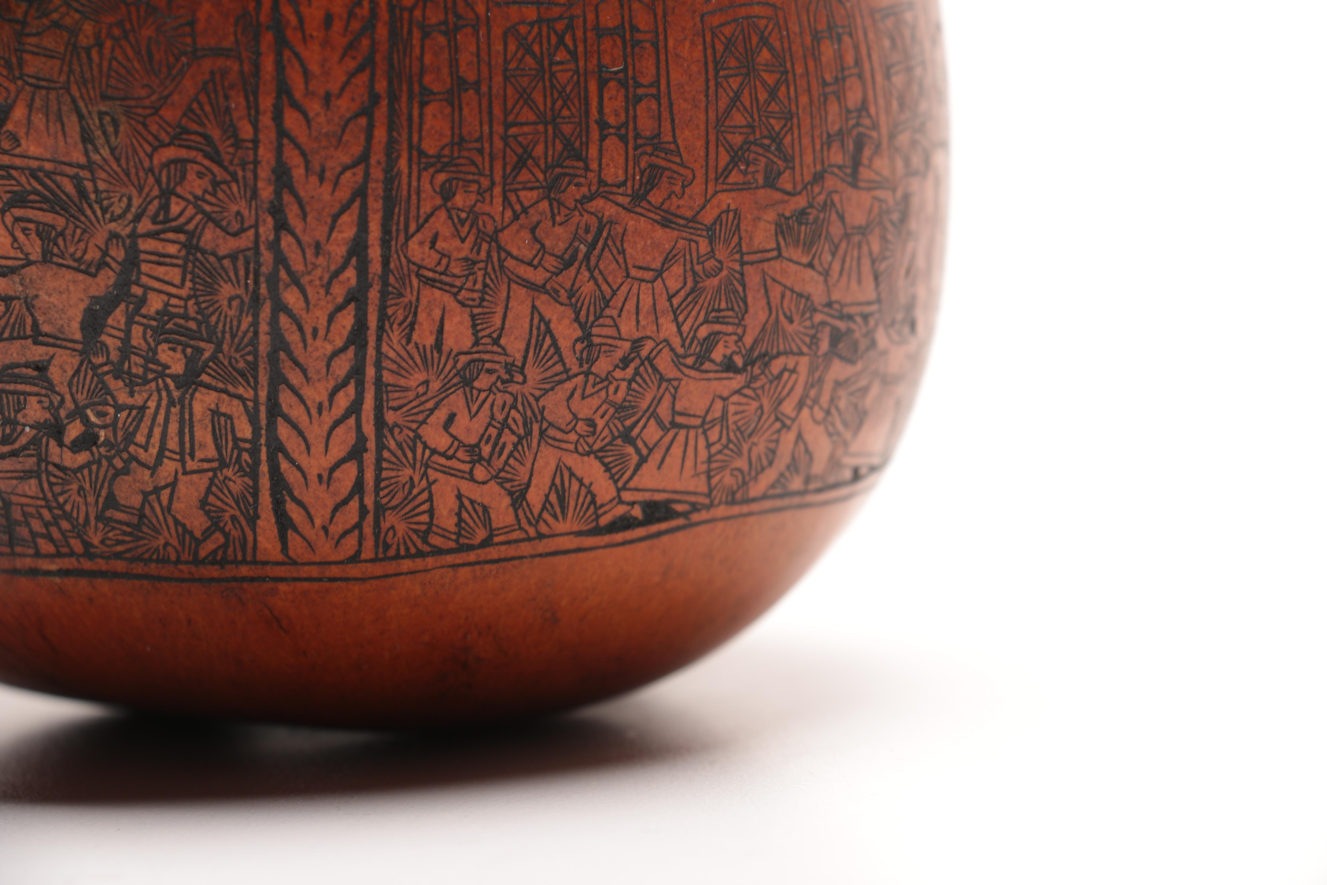 Peruvian Folk Art Hand Carved Gourd Signed "FE"