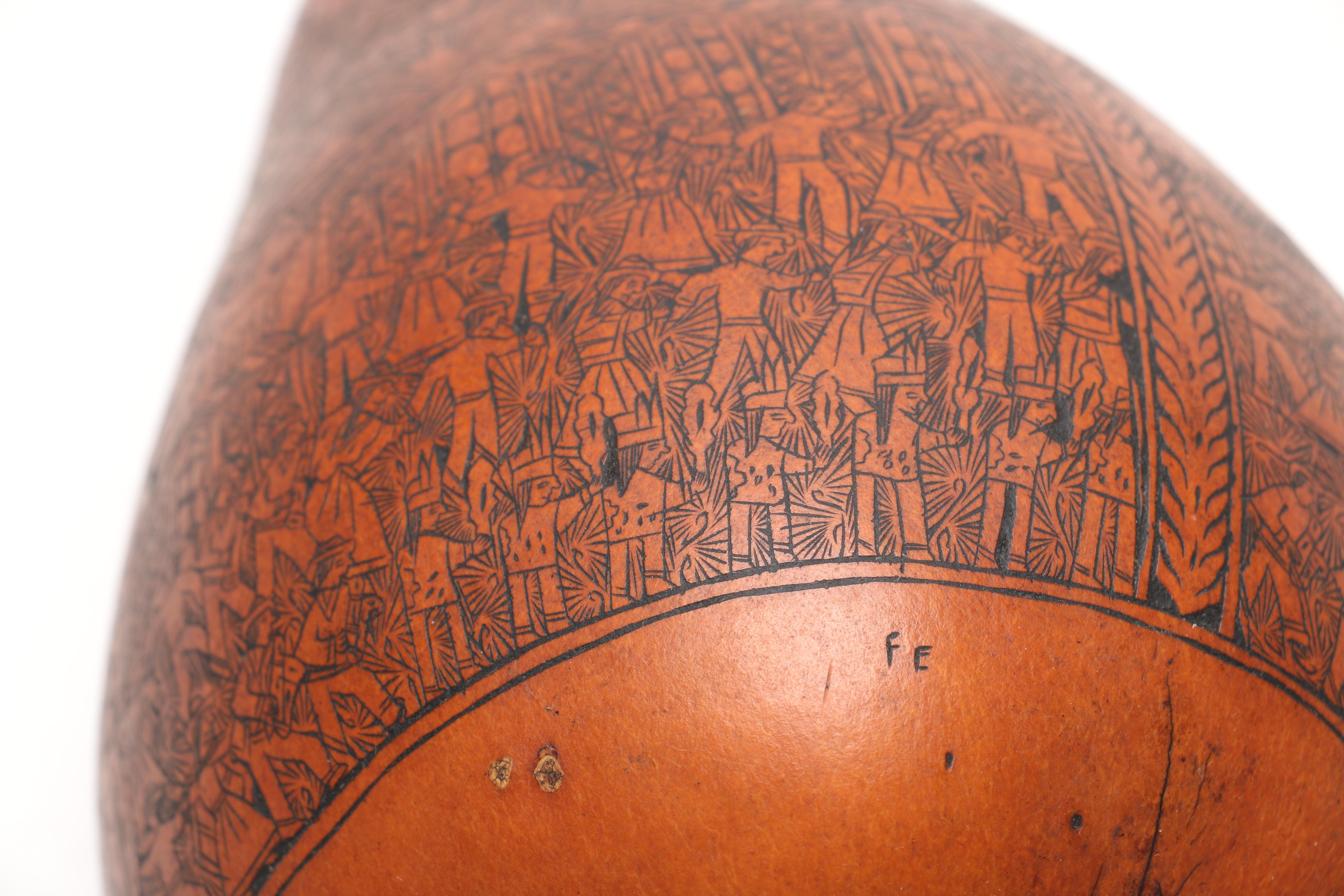 Peruvian Folk Art Hand Carved Gourd Signed "FE"