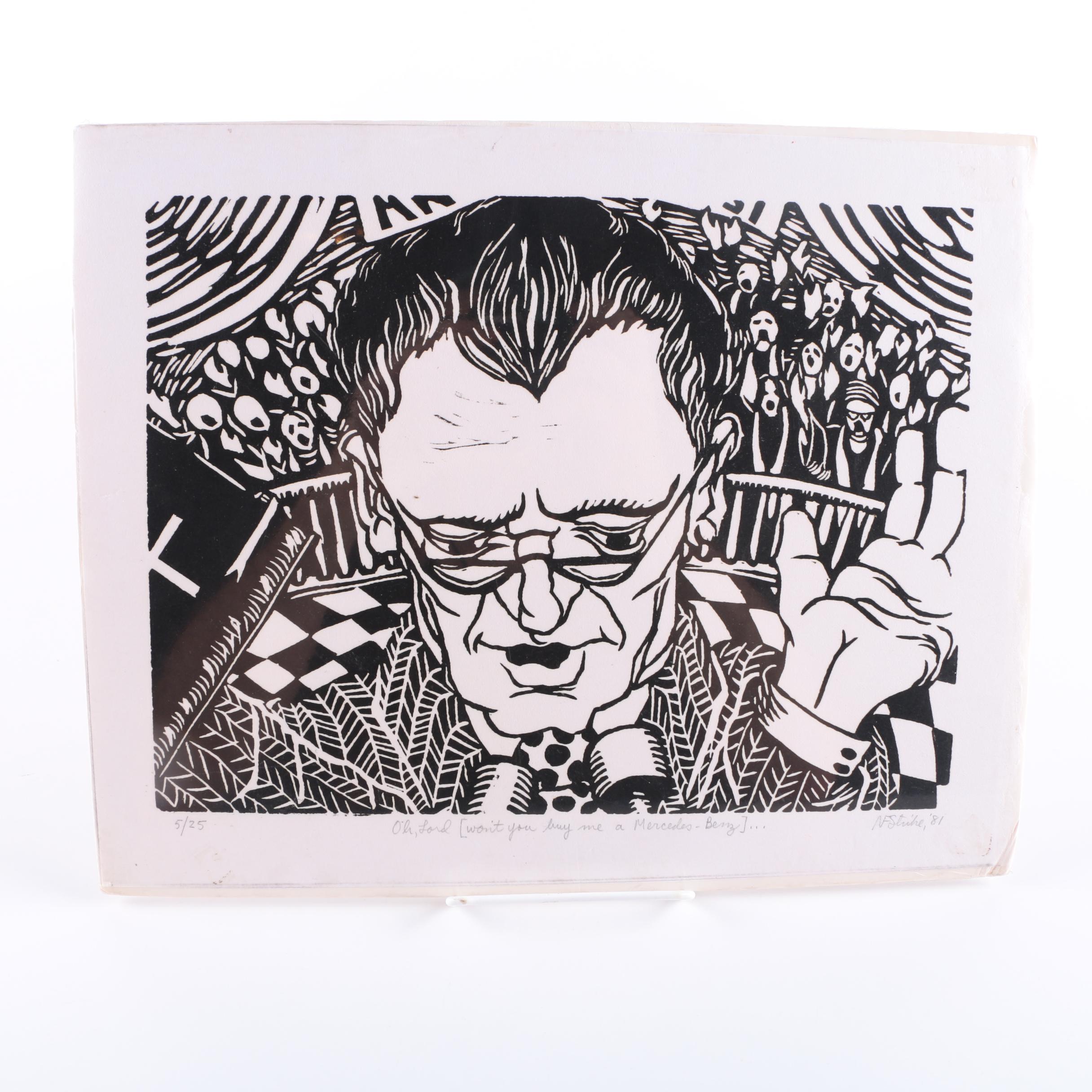 Norman Strike Limited Edition Linocut "Oh, Lord (Won't you buy me a Mercedes Benz)..."