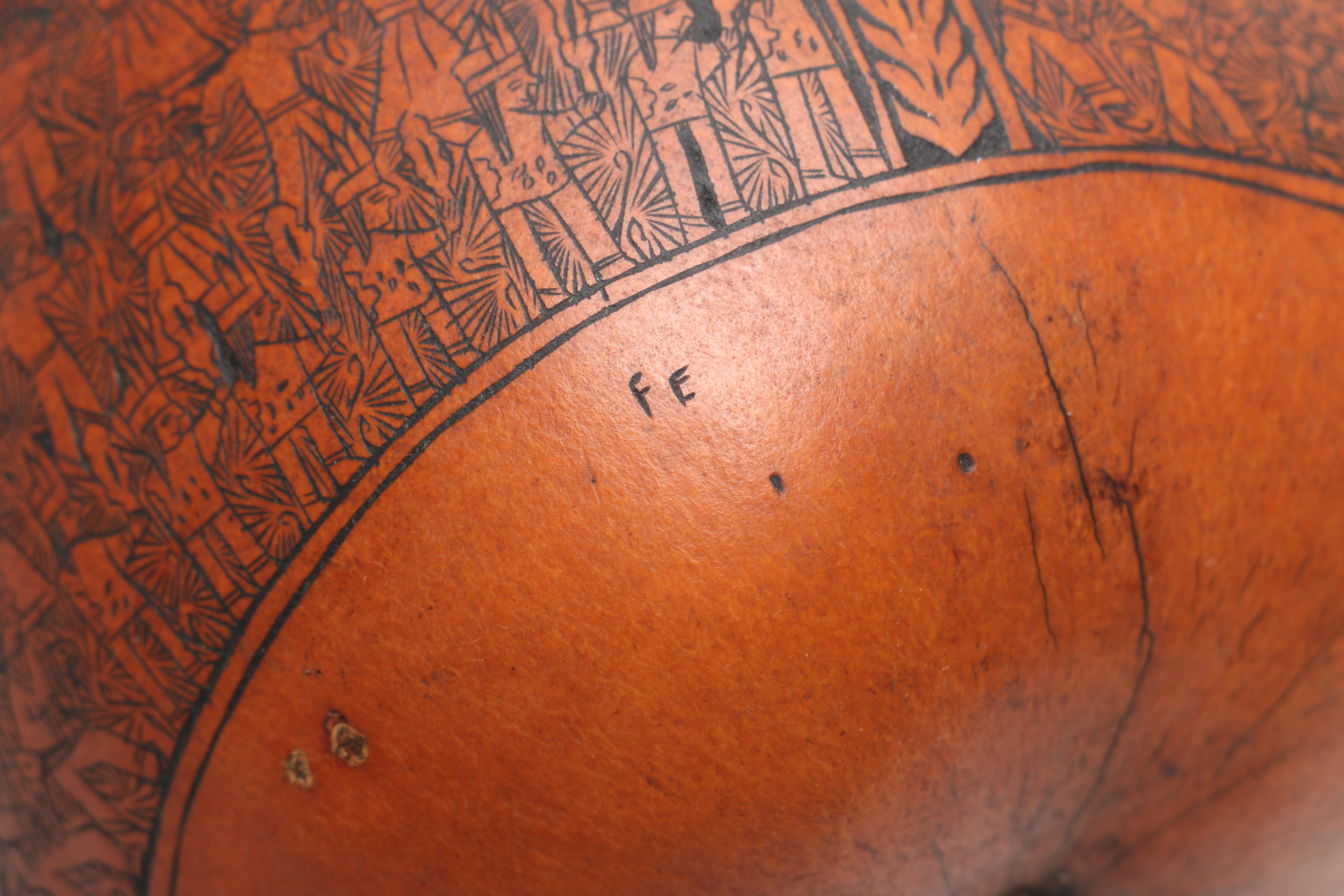 Peruvian Folk Art Hand Carved Gourd Signed "FE"