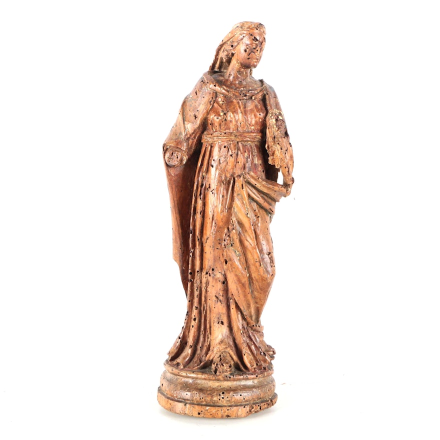 European Carved Wooden Figurine of Mary