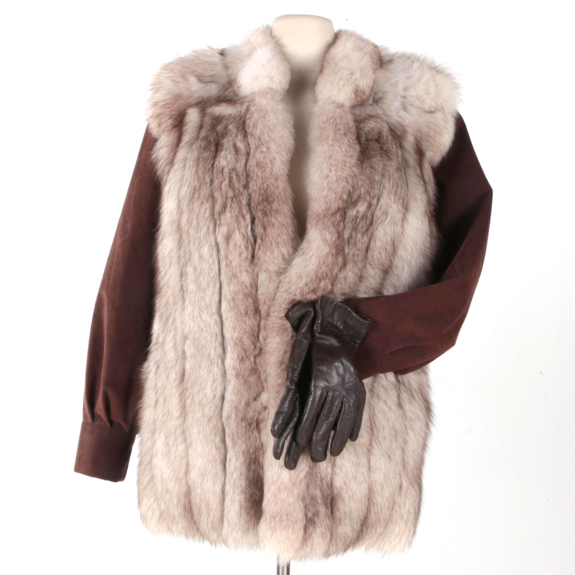 Vincents Fox Fur Women's Jacket With Leather Gloves