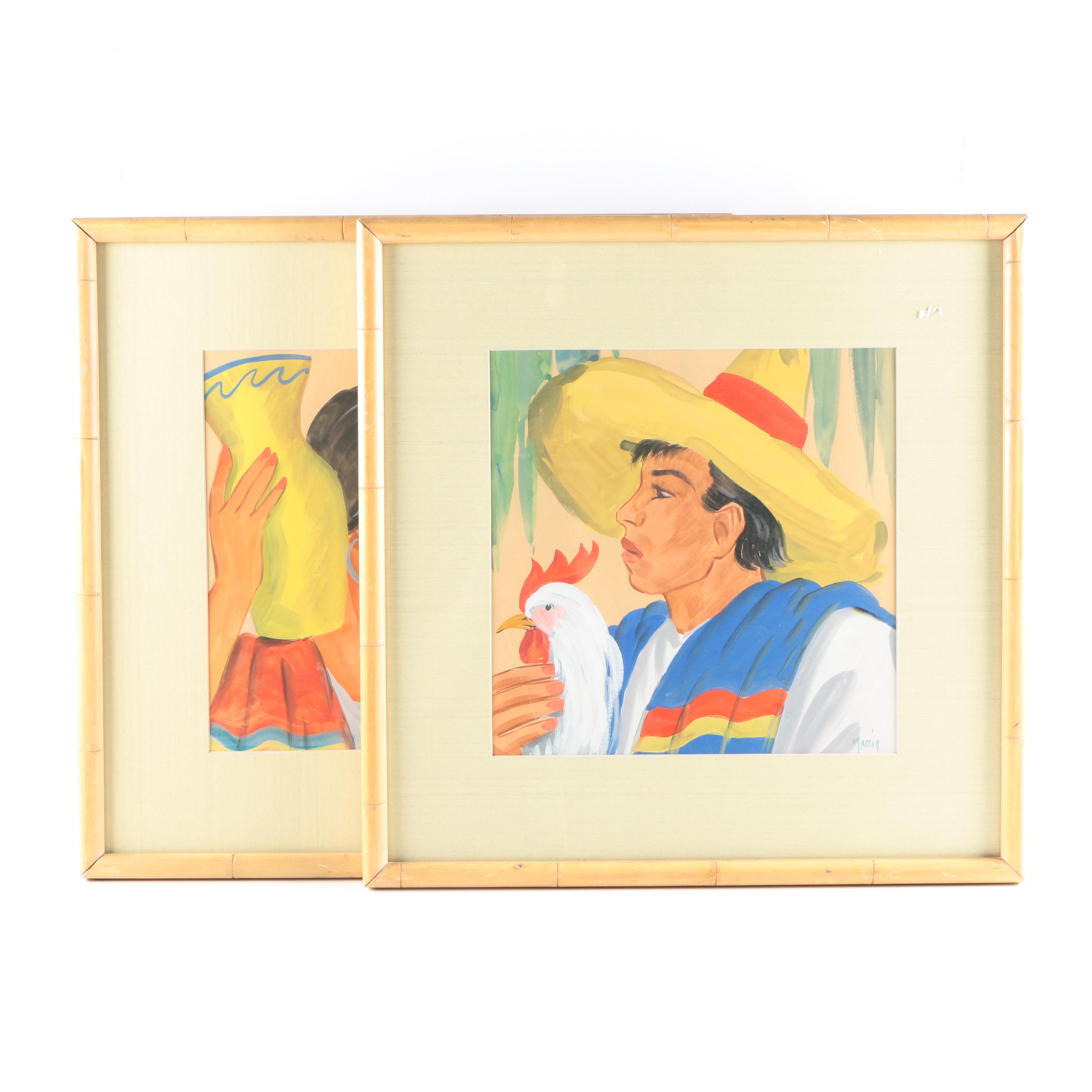 Pair of Hedwig Massig Watercolor and Gouache Portraits