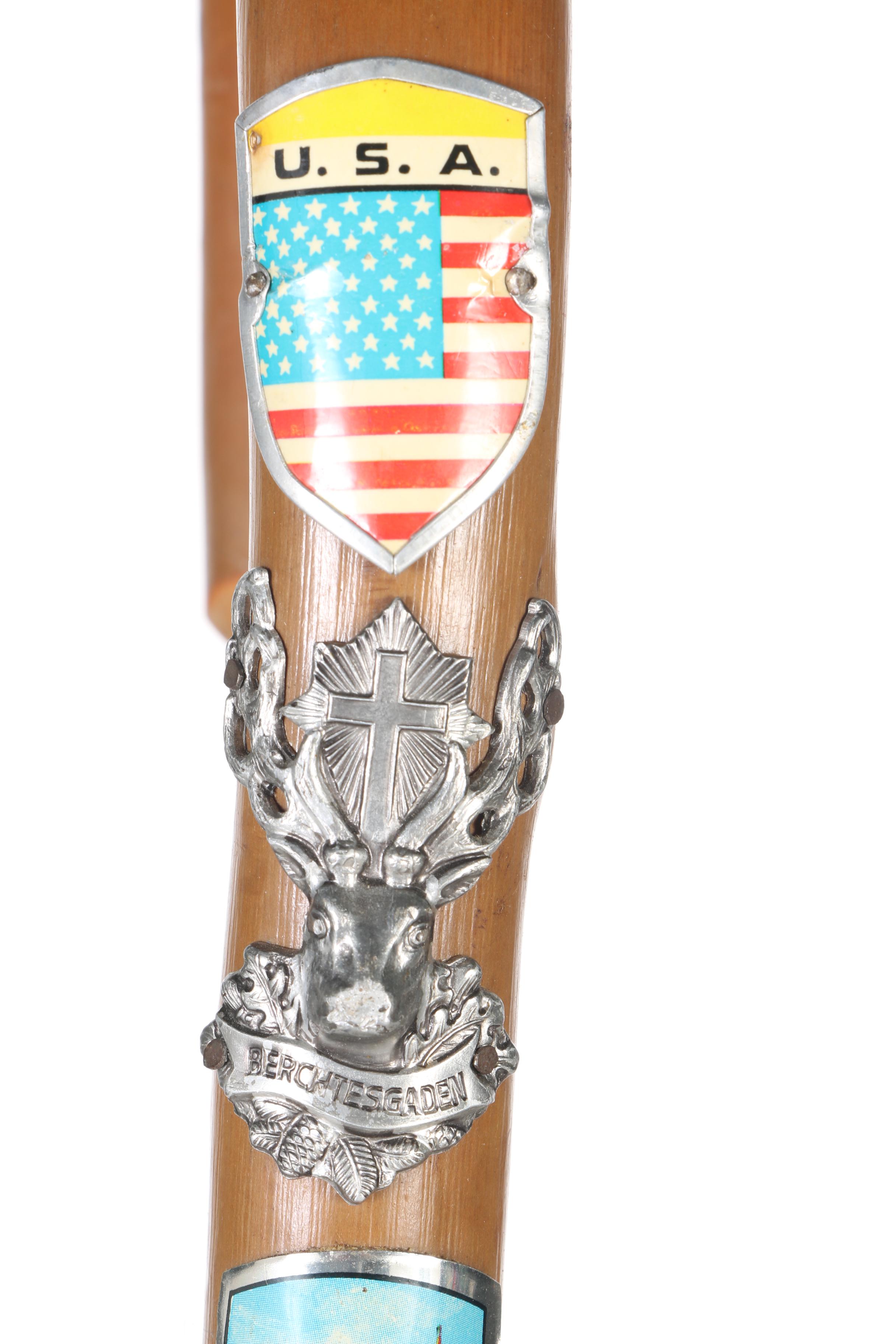 Wood Walking Cane with Travel Badges
