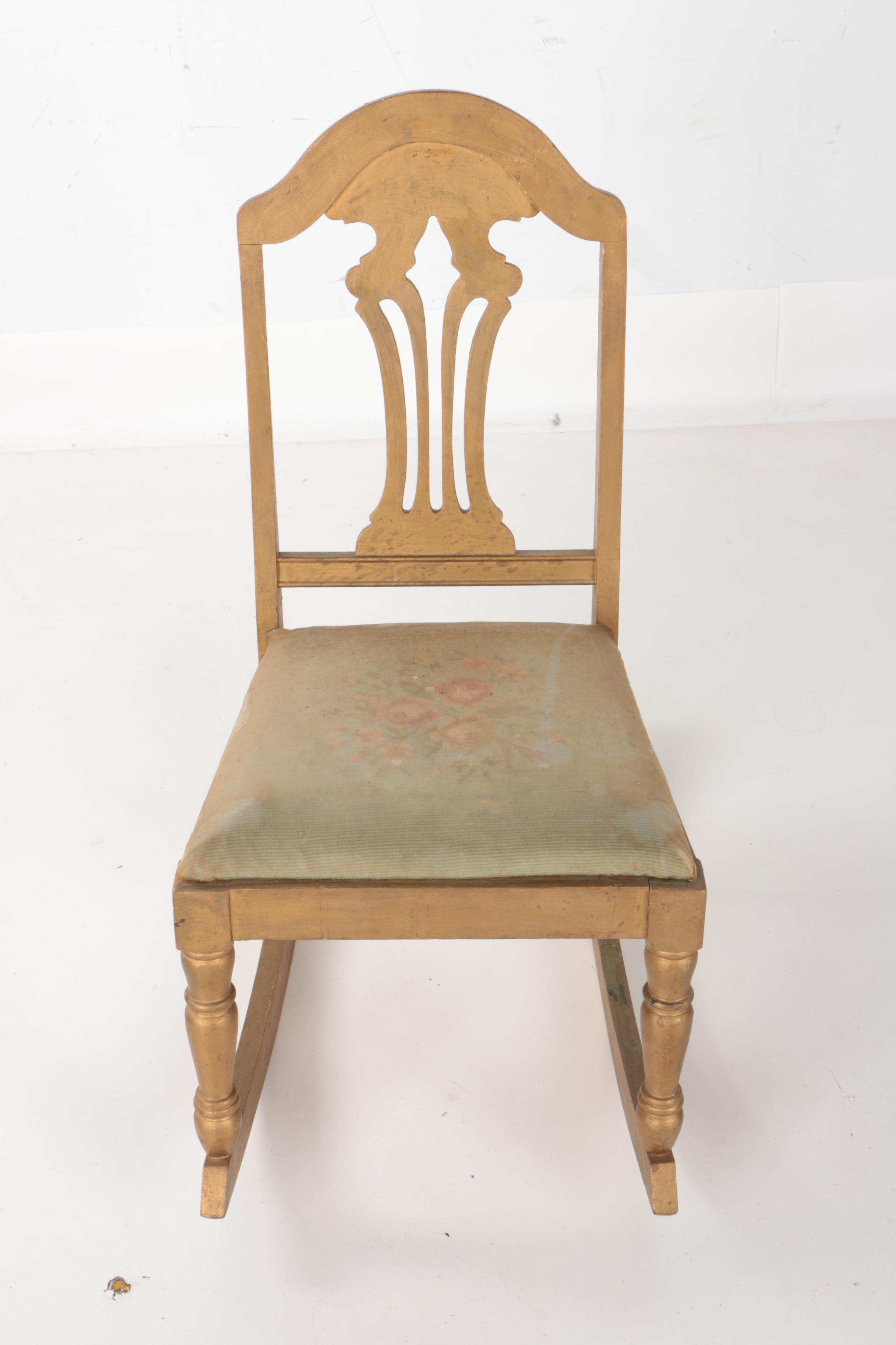 Vintage Rocking Chair With Needlepoint Seat