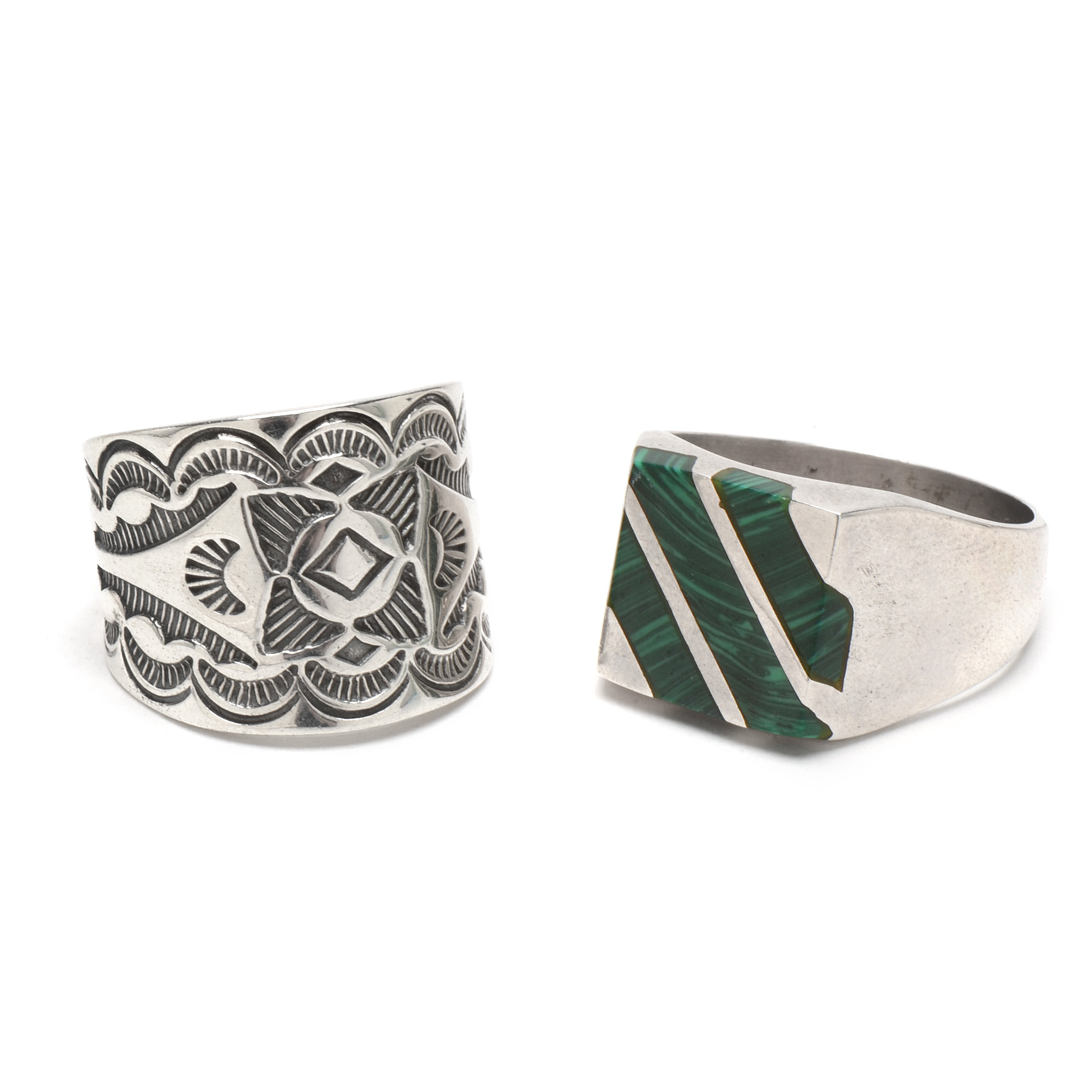 Pairing of Sterling Silver Rings Including Malachite