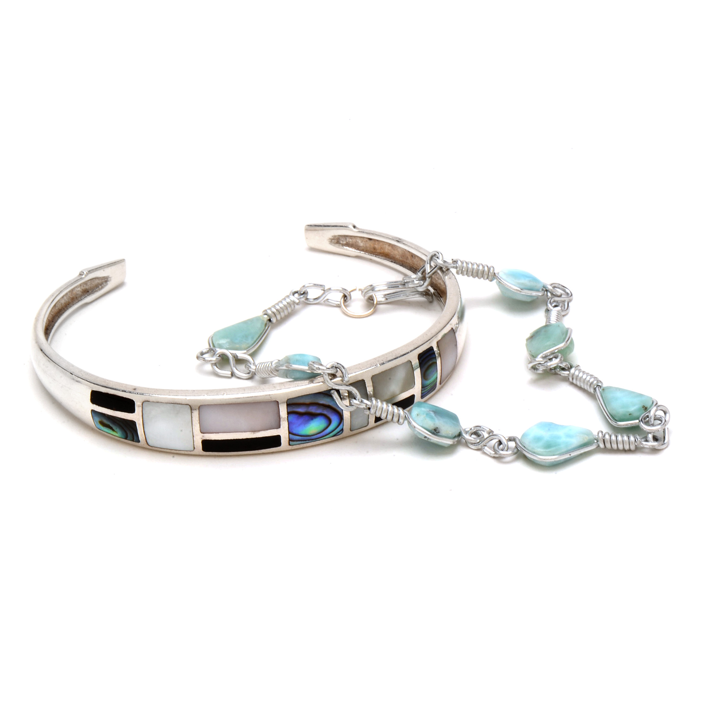 Sterling Silver Mother of Pearl, Abalone and Onyx Cuff Braceletl