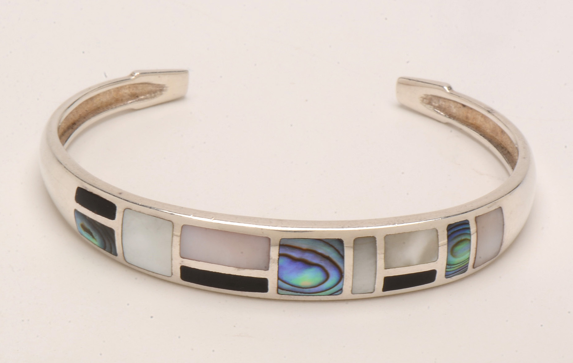 Sterling Silver Mother of Pearl, Abalone and Onyx Cuff Braceletl