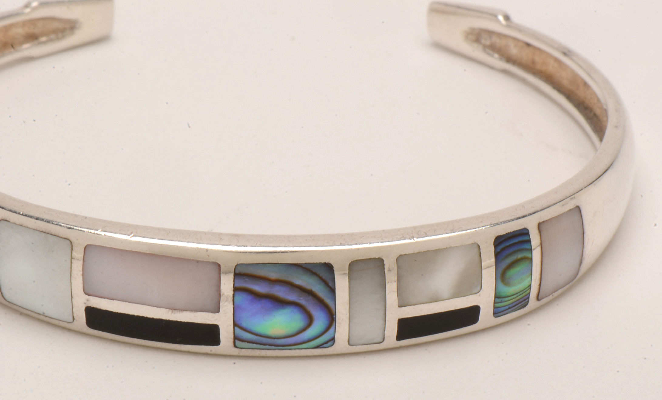 Sterling Silver Mother of Pearl, Abalone and Onyx Cuff Braceletl