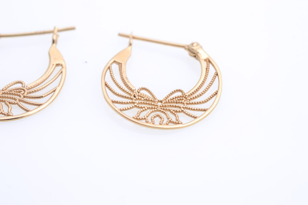 14K Yellow Gold Filigree Bow Earrings