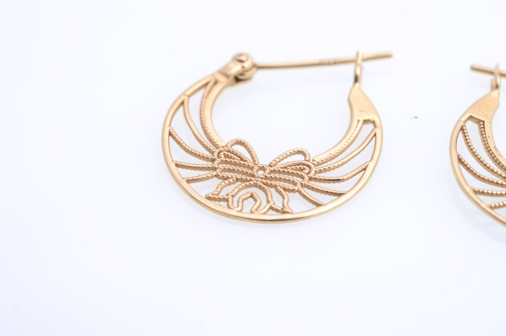 14K Yellow Gold Filigree Bow Earrings
