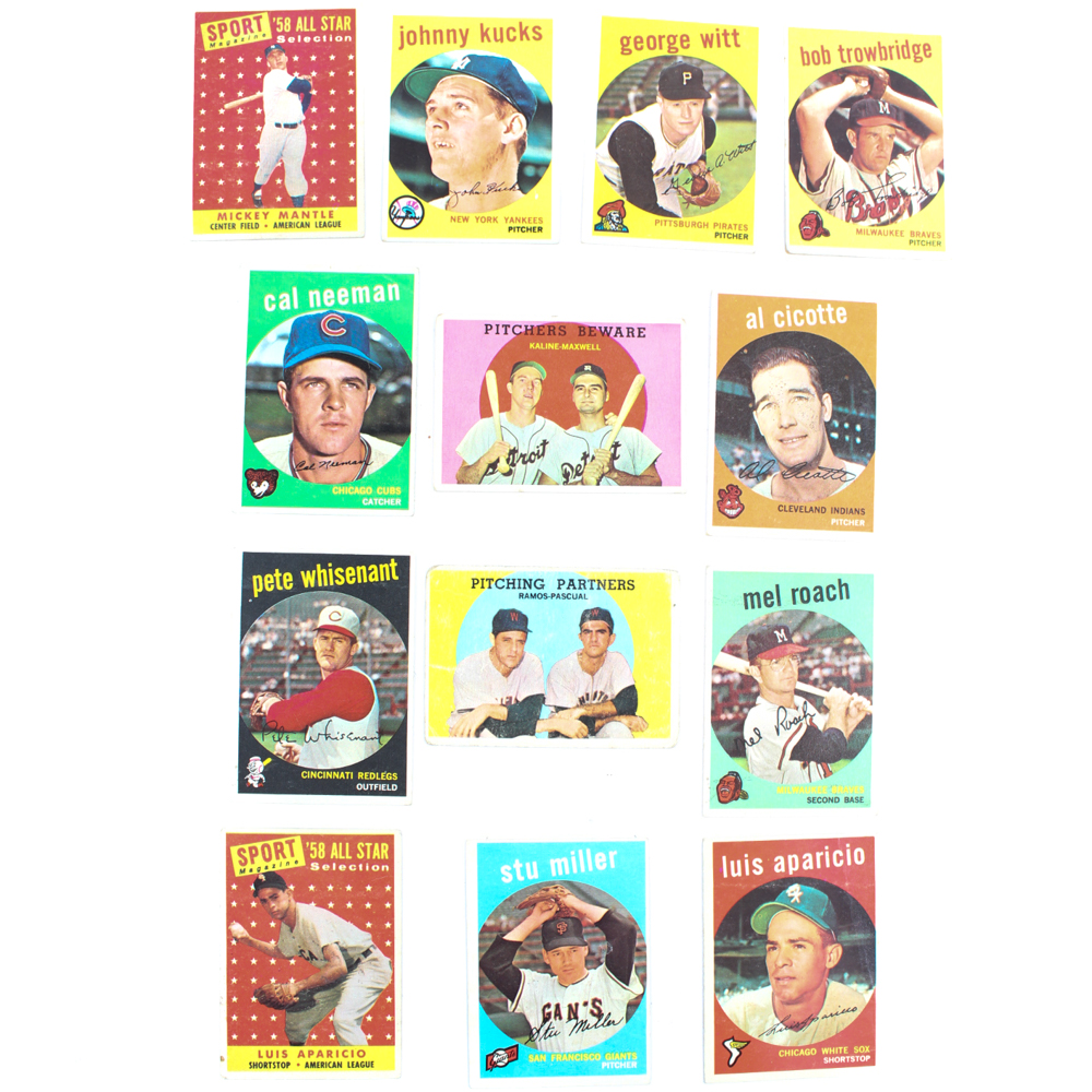 Collection of Baseball Cards Featuring 1958 Sport Micky Mantle and Luis Aparicio