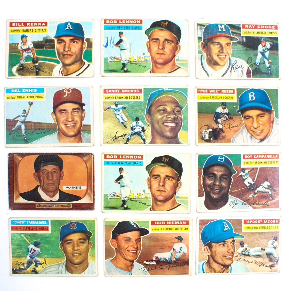 1956 Topps Baseball Cards Featuring Reese, Campanella and Amoros