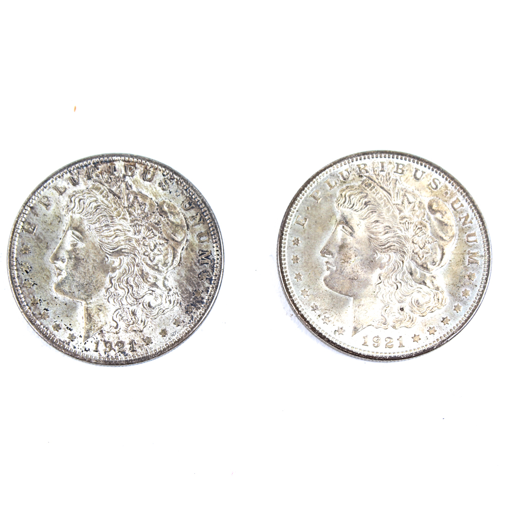 Two 1921 Morgan Silver Dollars