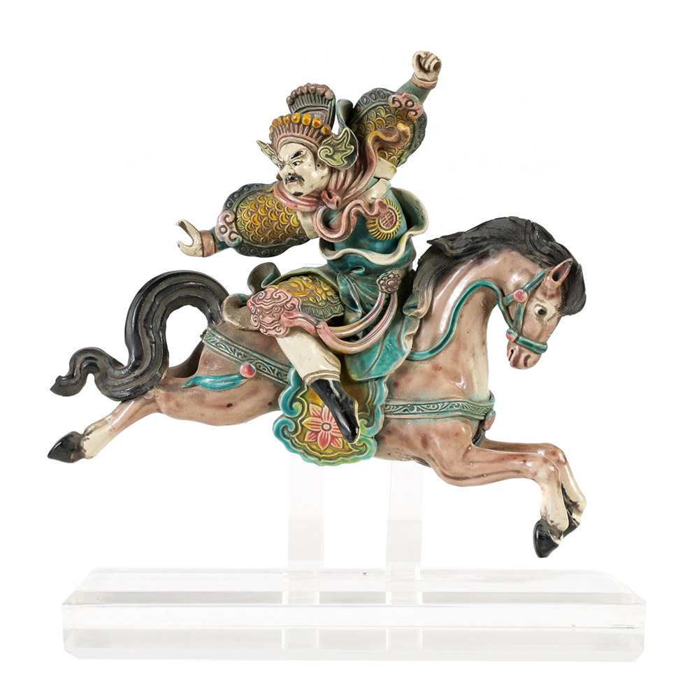 Chinese Porcelain Roof Tile Figurine of Man Riding a Horse
