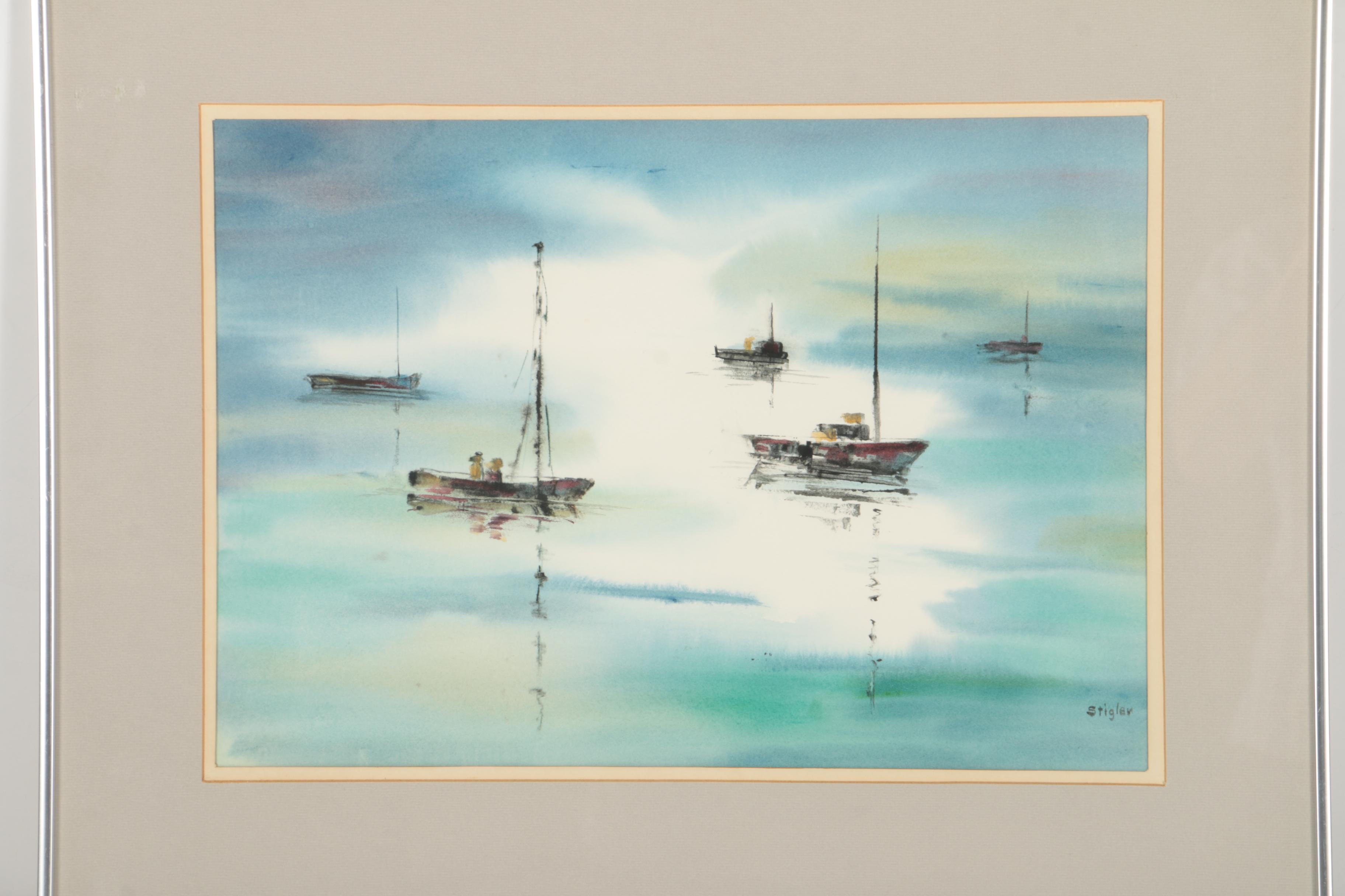 Jeanne Stigler Watercolor on Paper of Sailboats