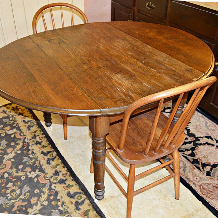 Antique Pine Table and Two Windsor Chairs