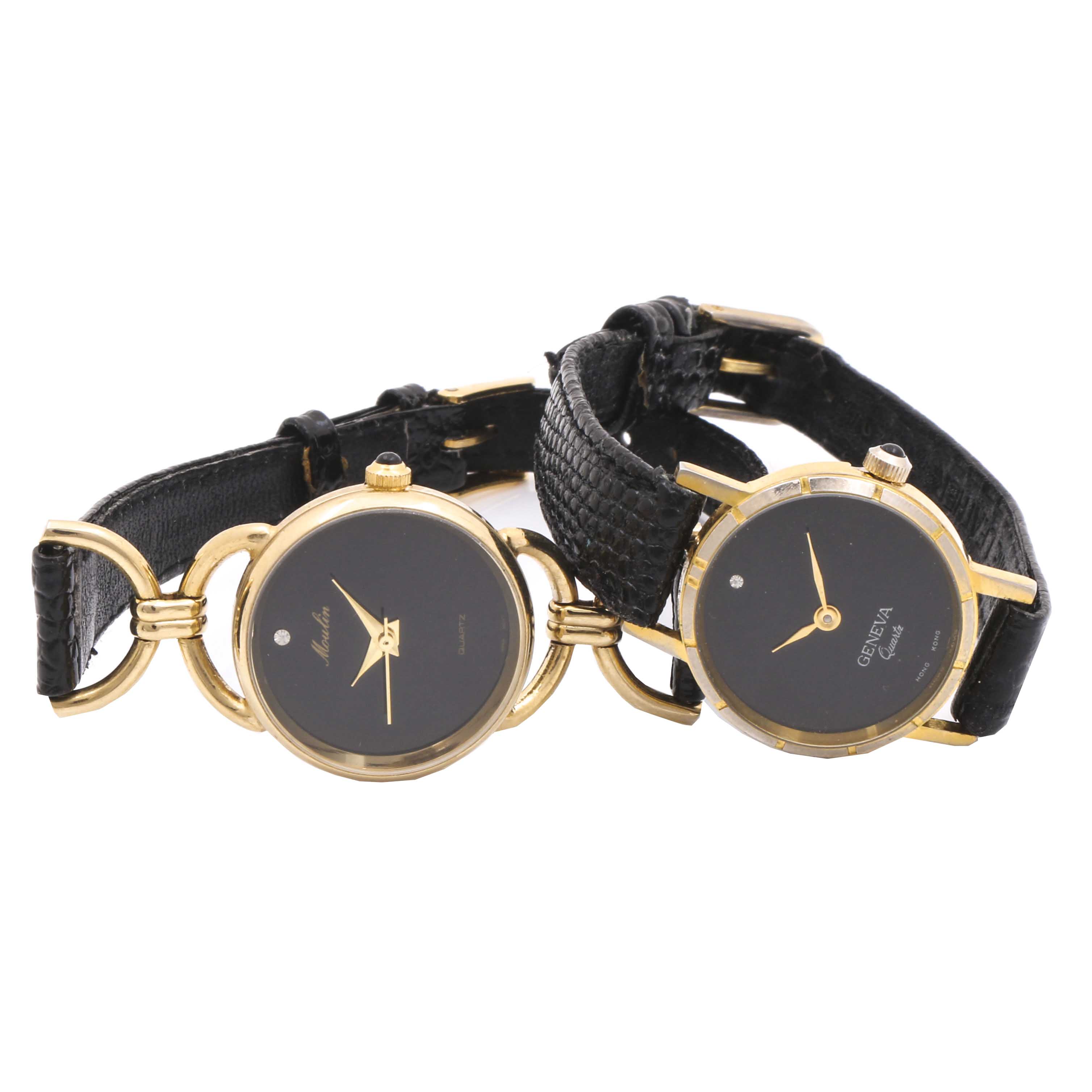 Pair of Geneva and Moulin Gold Tone Black Leather Watches