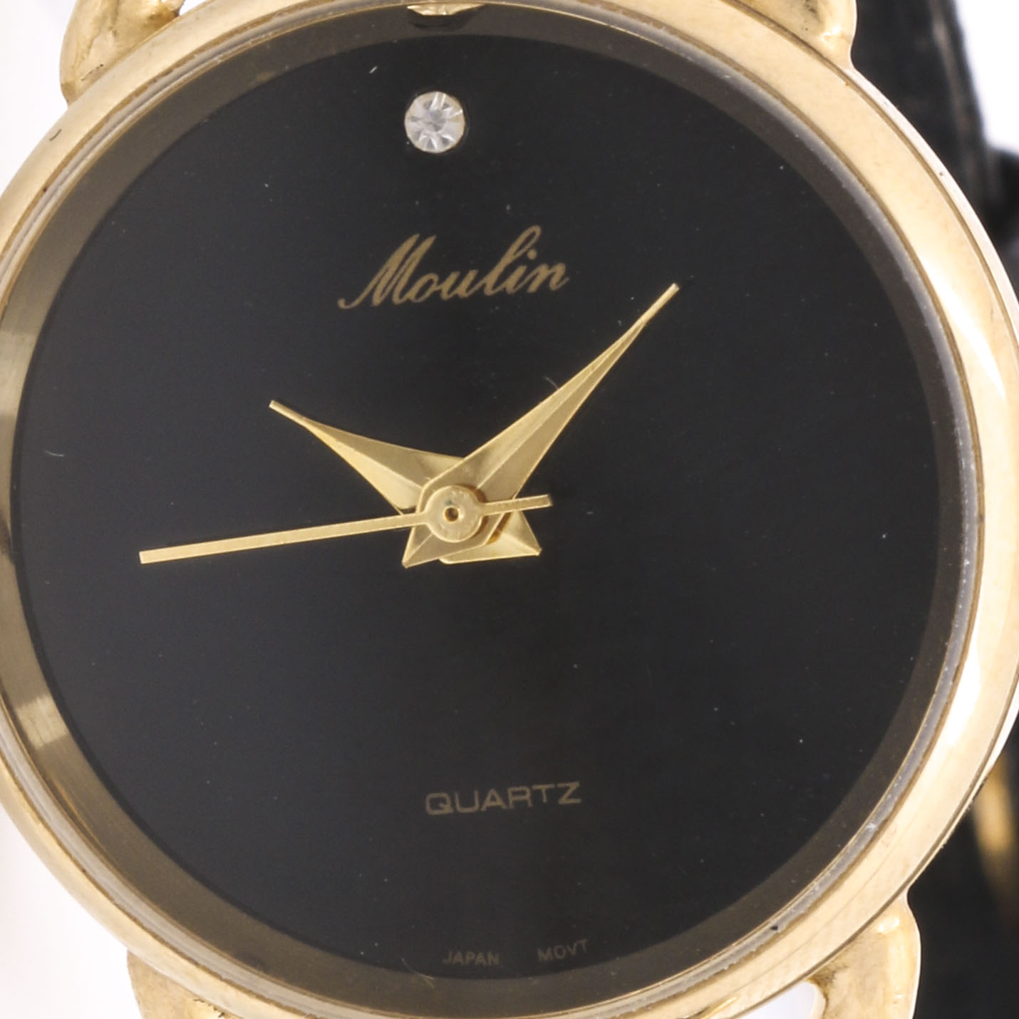 Pair of Geneva and Moulin Gold Tone Black Leather Watches