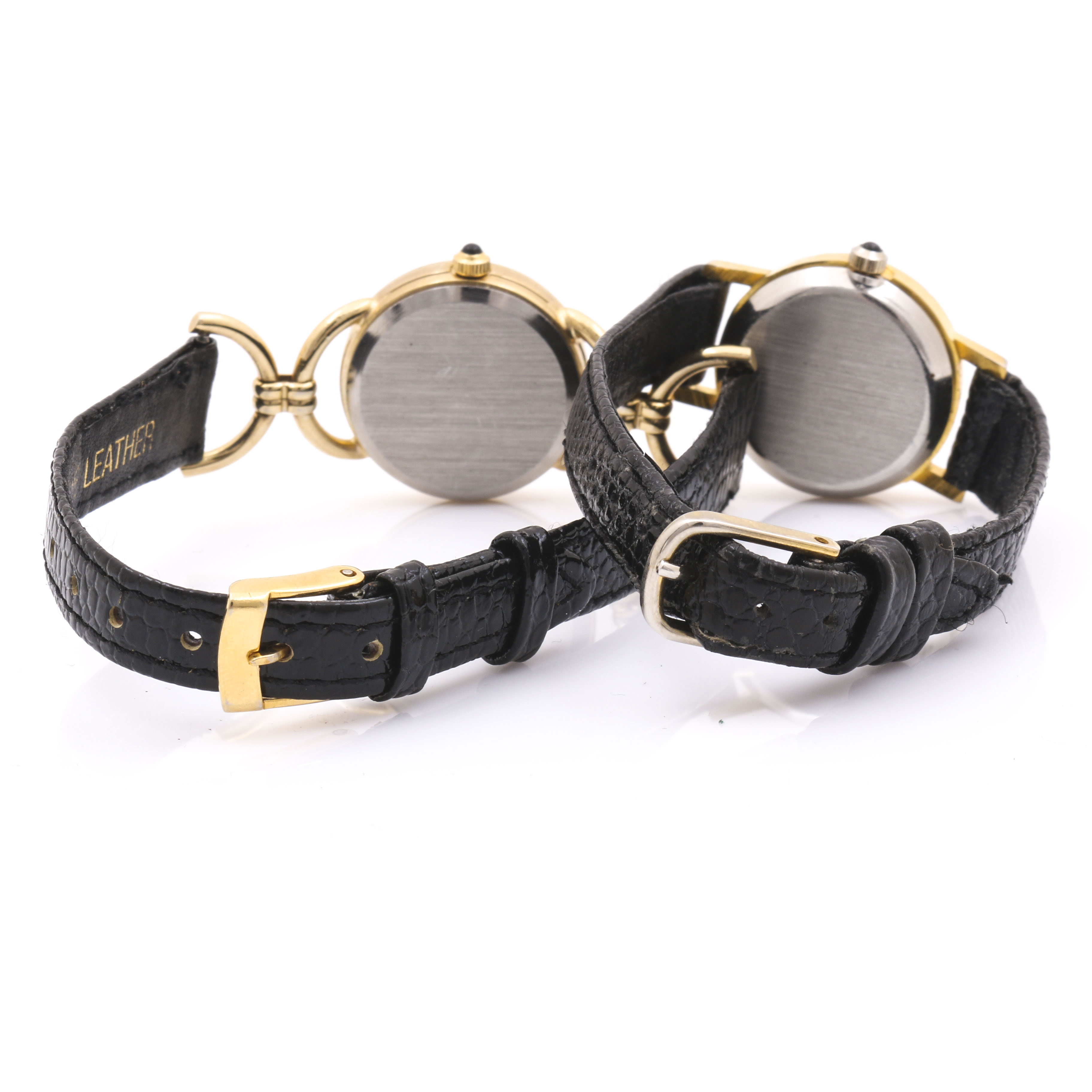 Pair of Geneva and Moulin Gold Tone Black Leather Watches