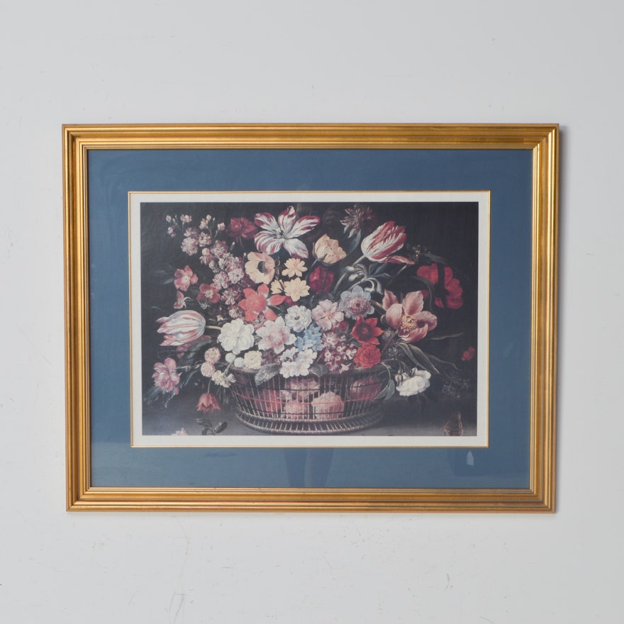 Framed Offset Lithograph of Flowers in a Wire Basket