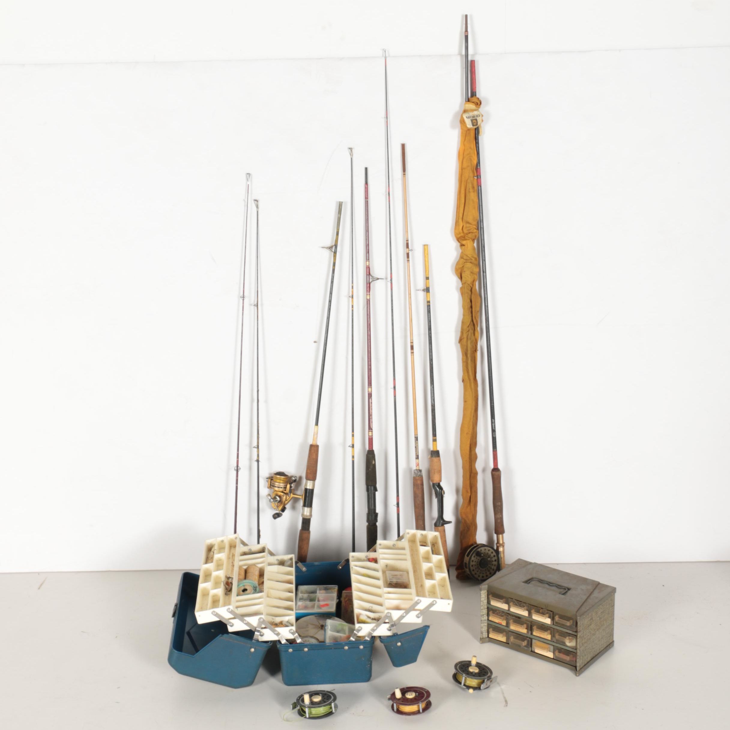 Large Assortment of Fishing Rods, Reels, Lures and Tackle with Box