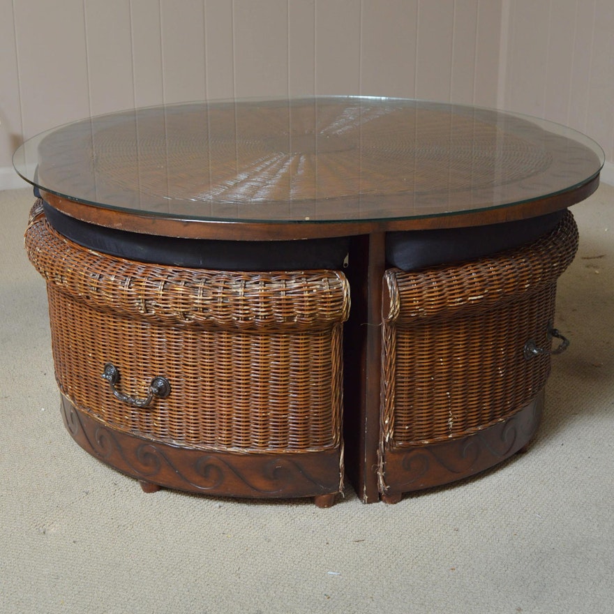 Wicker Coffee Table with Nesting Chairs